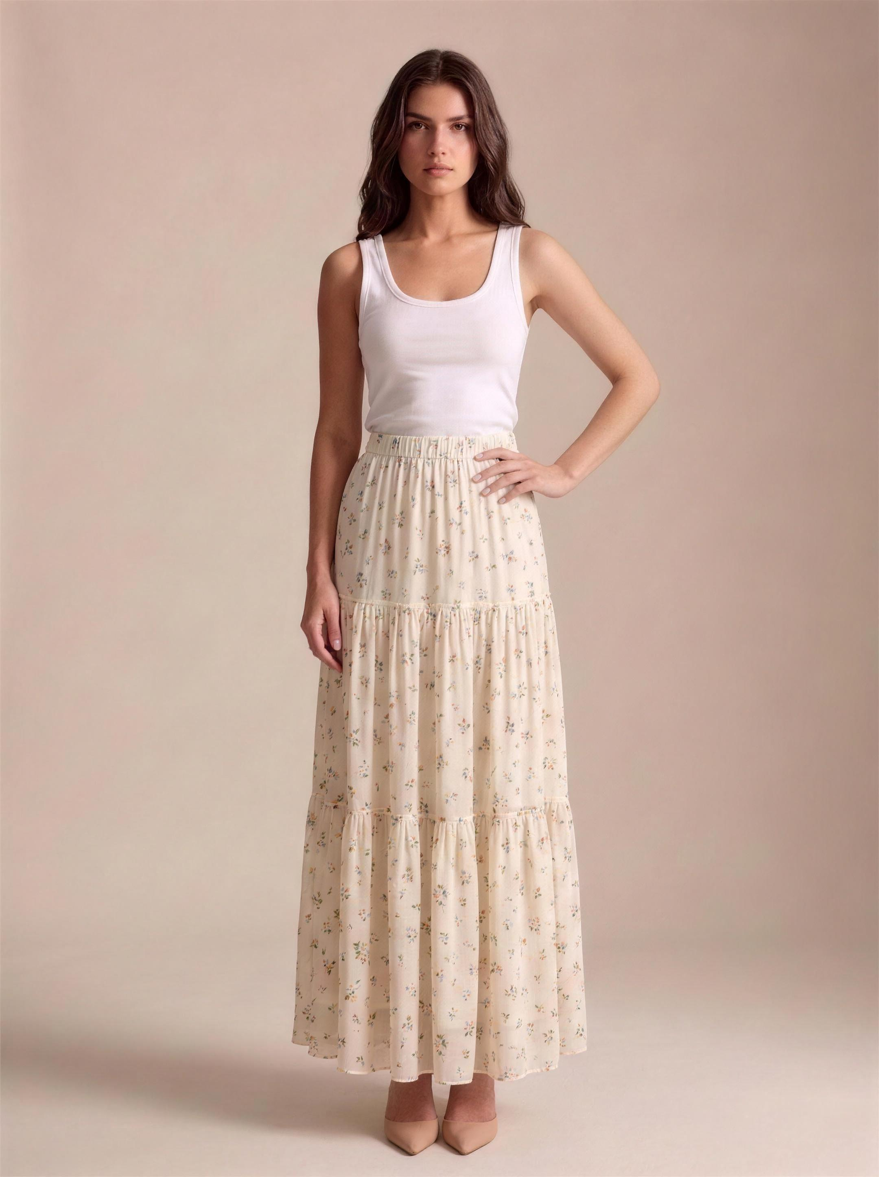 Ravello — Floral Print Tiered Flowy Maxi Skirt, front view, hand on hip