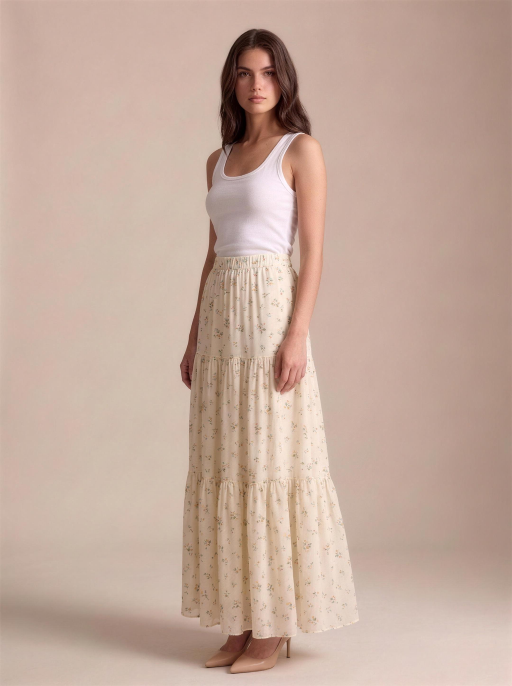 Ravello — Floral Print Tiered Flowy Maxi Skirt, three-quarter view