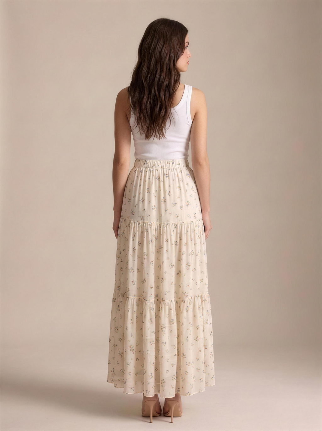 Ravello — Floral Print Tiered Flowy Maxi Skirt, back view