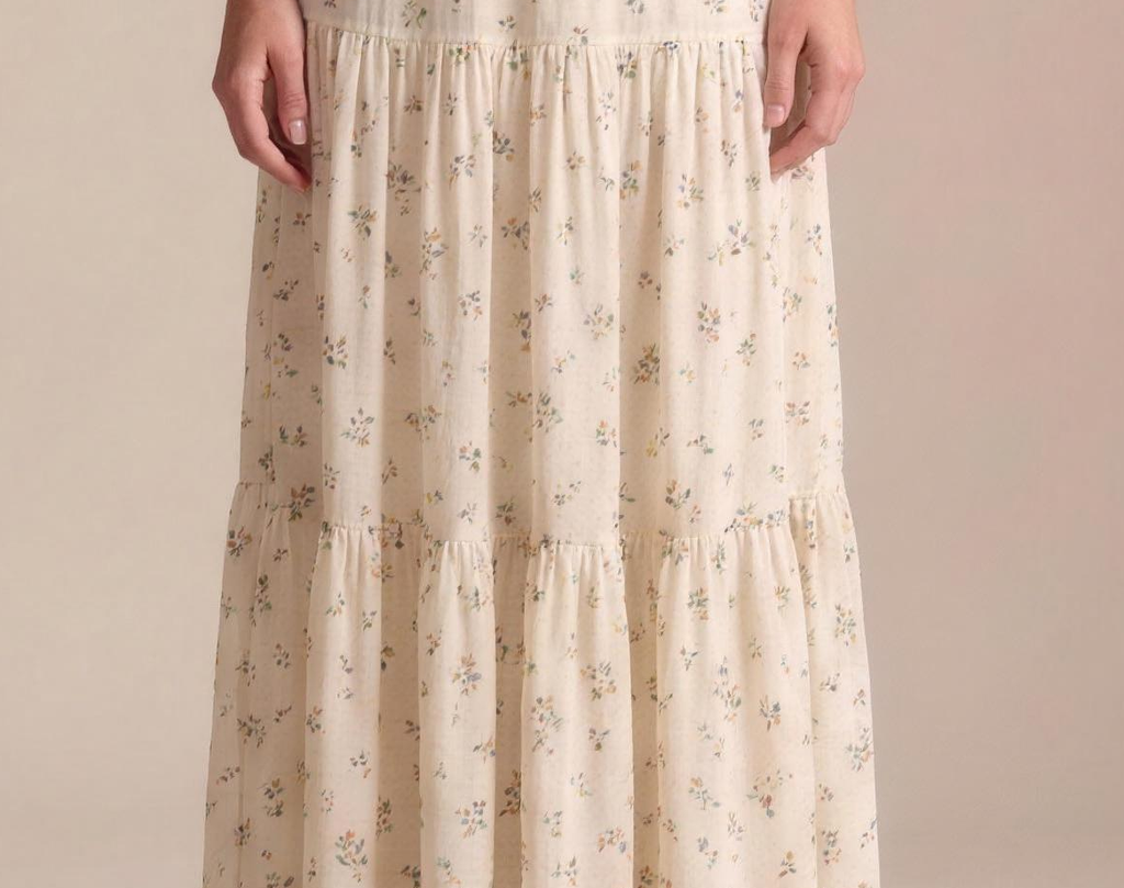 Ravello — Floral Print Tiered Flowy Maxi Skirt, fabric detail