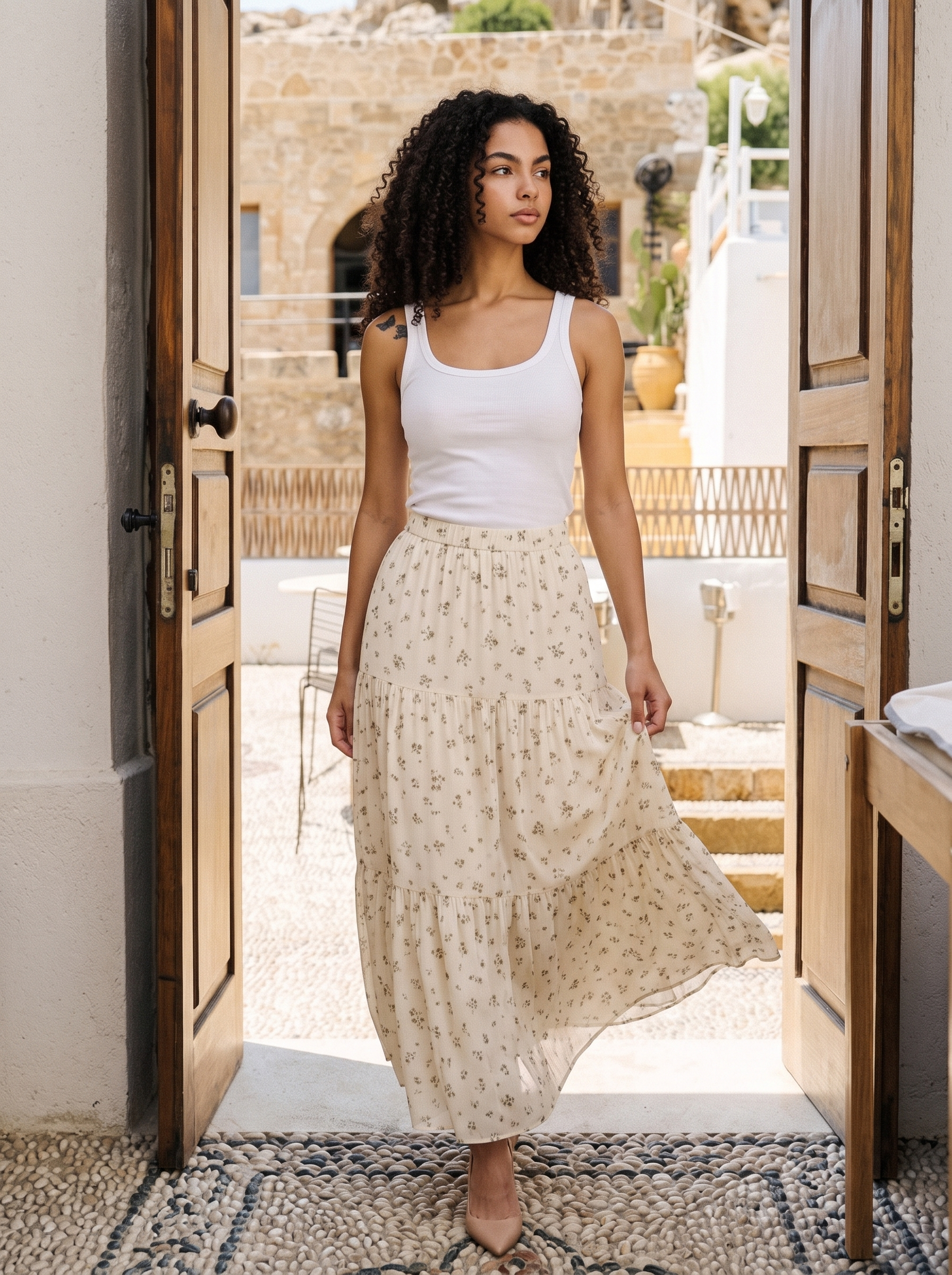Ravello — Floral Print Tiered Flowy Maxi Skirt, lifestyle