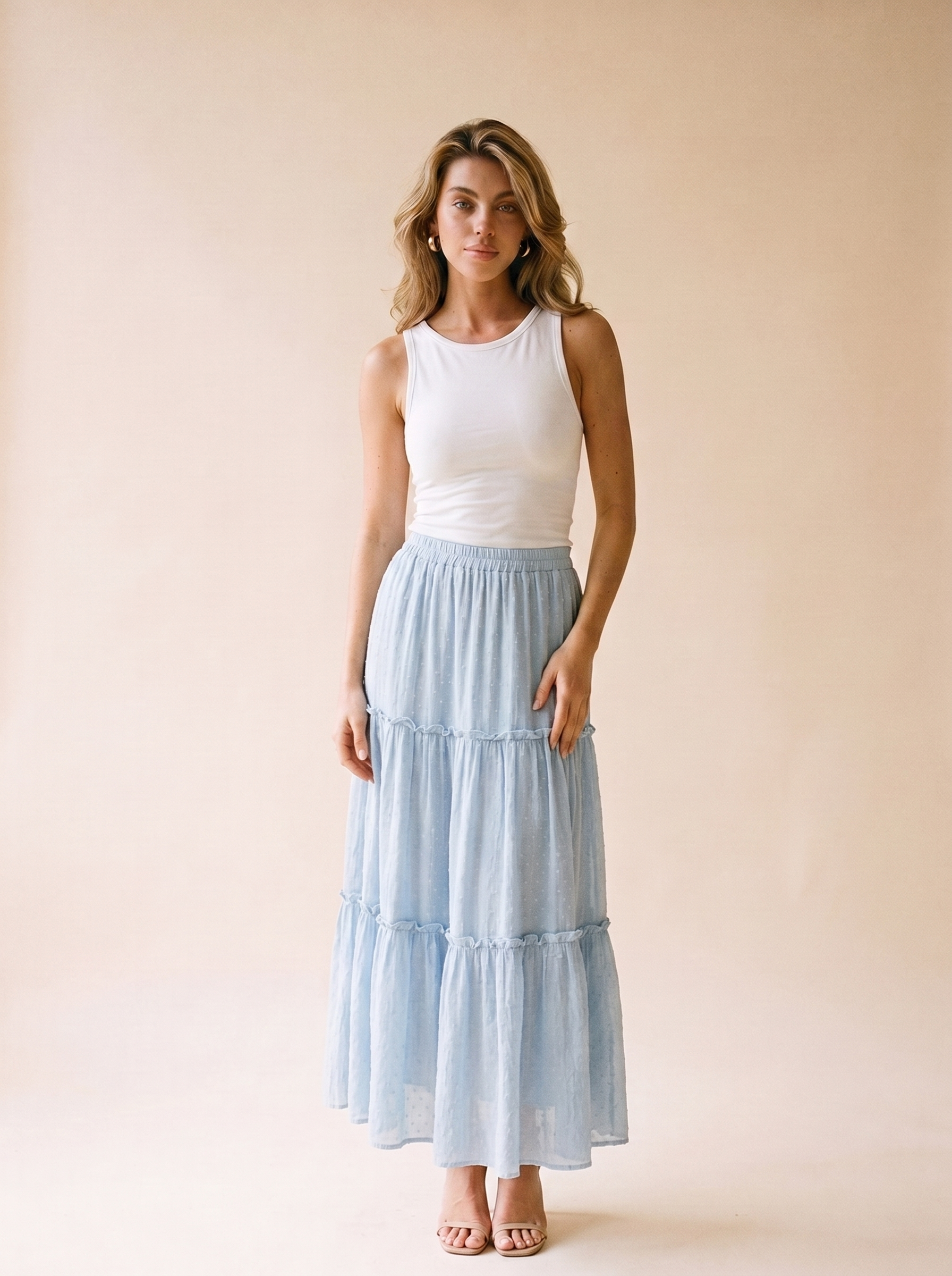 Favignana Frill Elastic Waist Skirt, front view on model
