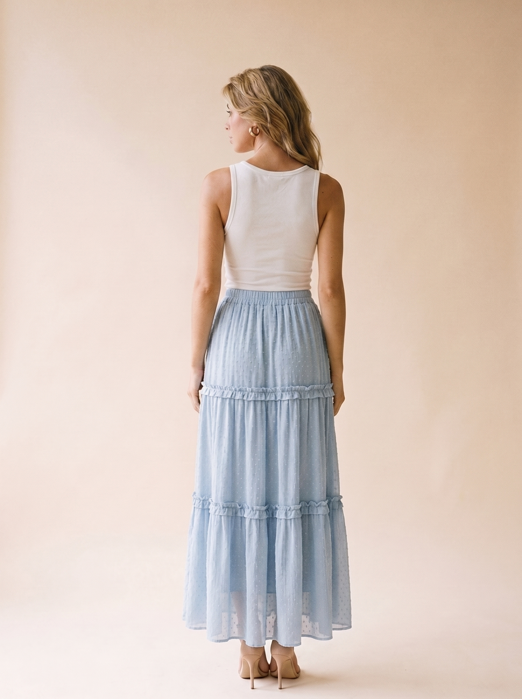 Favignana Frill Elastic Waist Skirt, back view on model