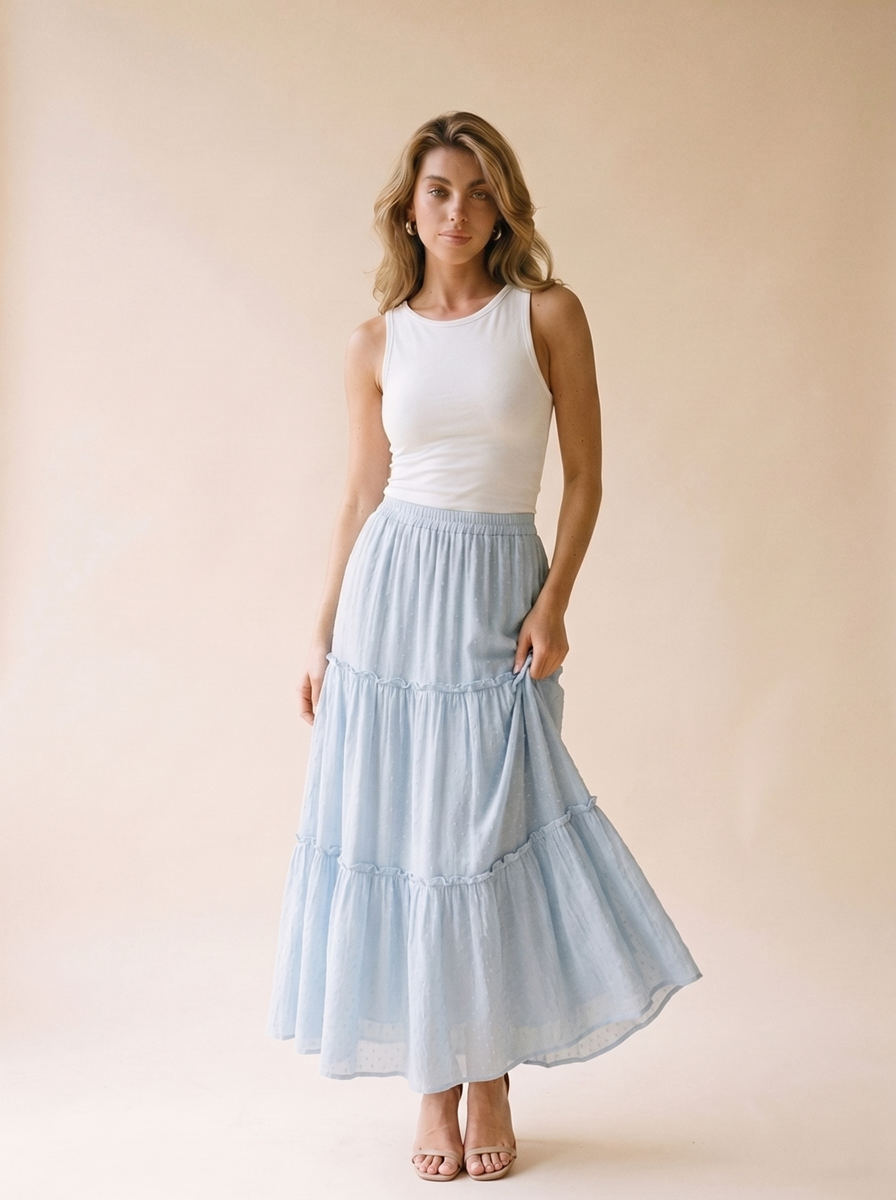 Favignana Frill Elastic Waist Skirt, front view on model