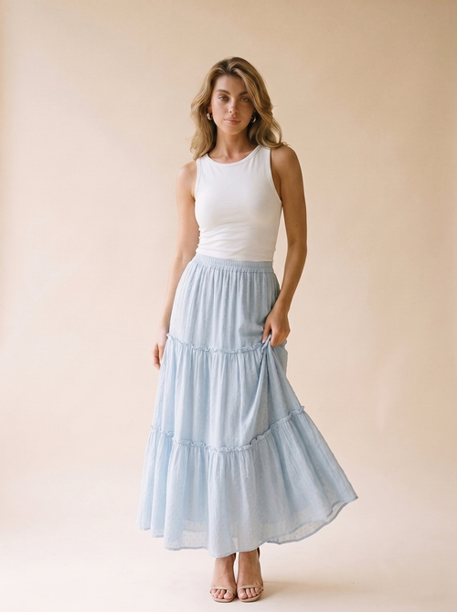Favignana Frill Elastic Waist Skirt, front view on model