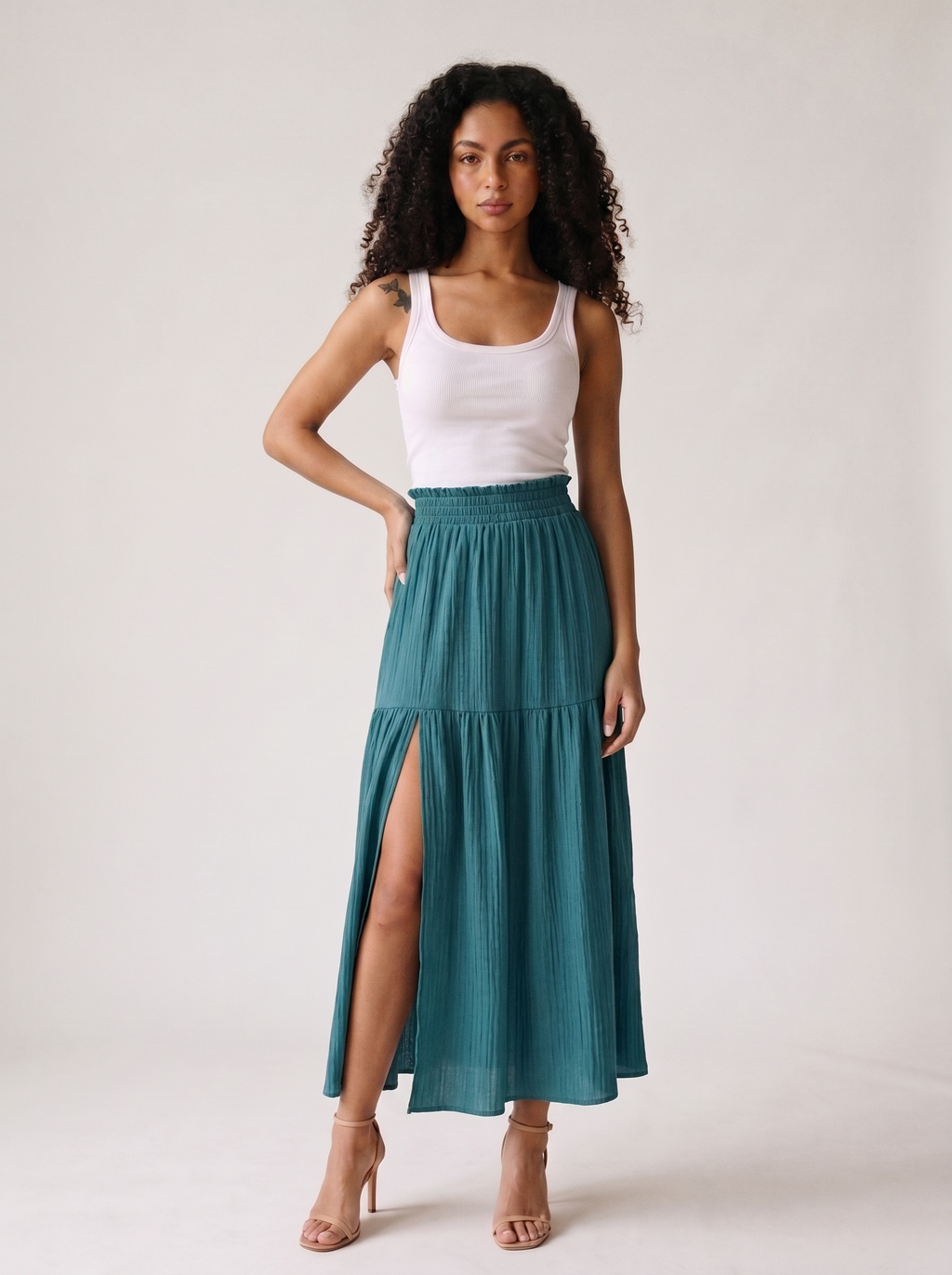 Oriana — Frill Slit Skirt, front view, hand on hip