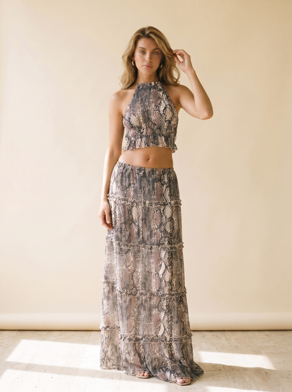 Paloma Halter Crop Backless Top and Maxi Skirt Set, front view on model