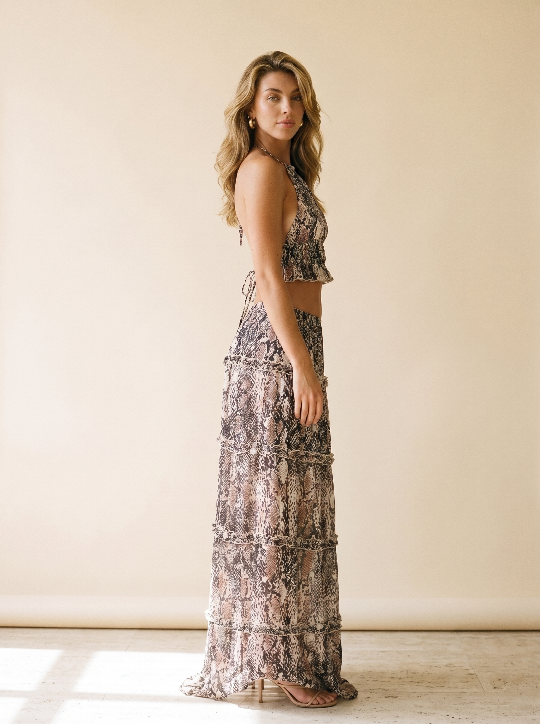 Paloma Halter Crop Backless Top and Maxi Skirt Set, side view on model