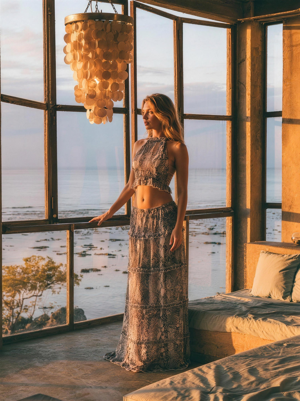 Paloma Halter Crop Backless Top and Maxi Skirt Set, styled lifestyle look