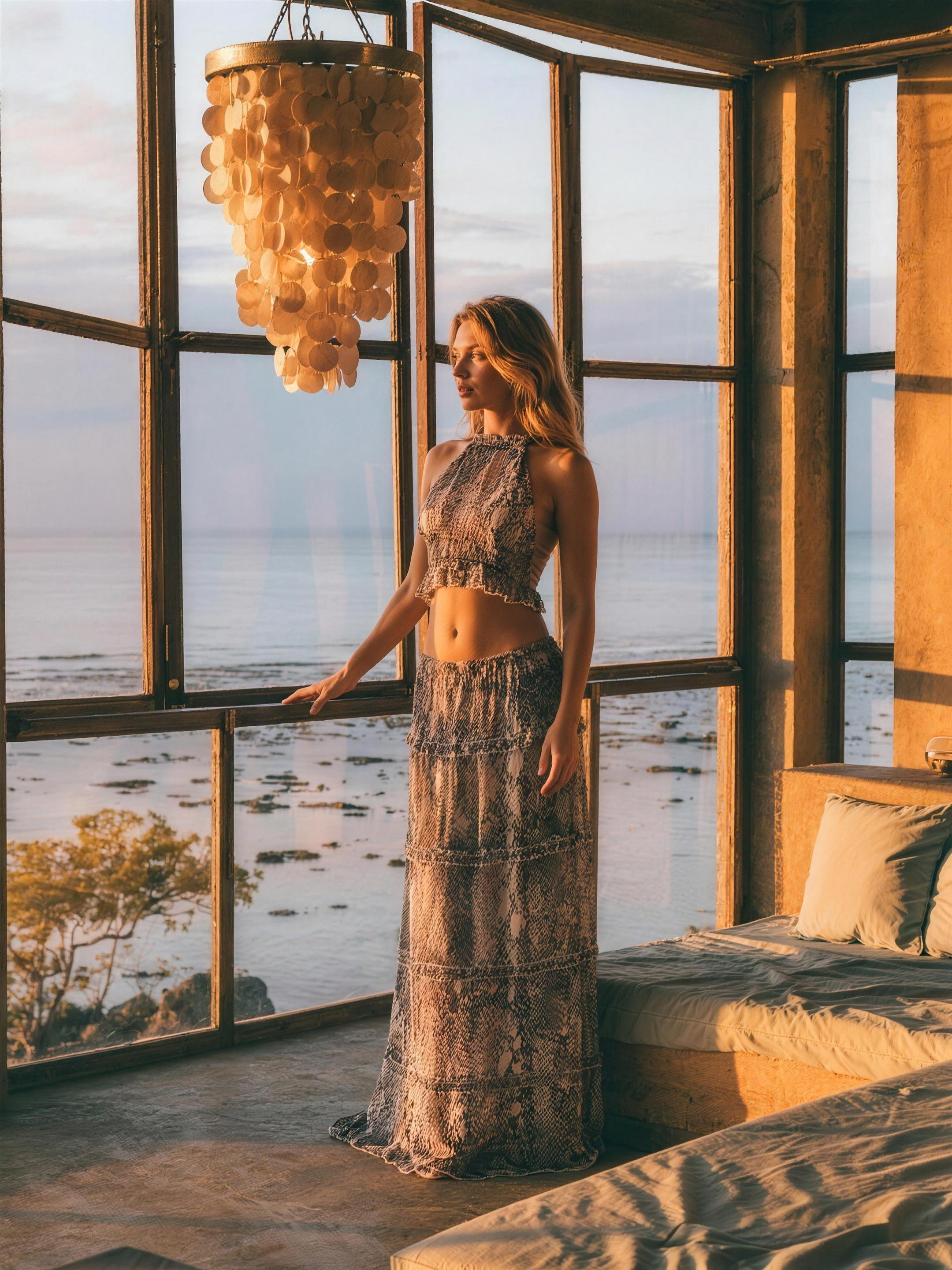 Paloma Halter Crop Backless Top and Maxi Skirt Set, styled lifestyle look