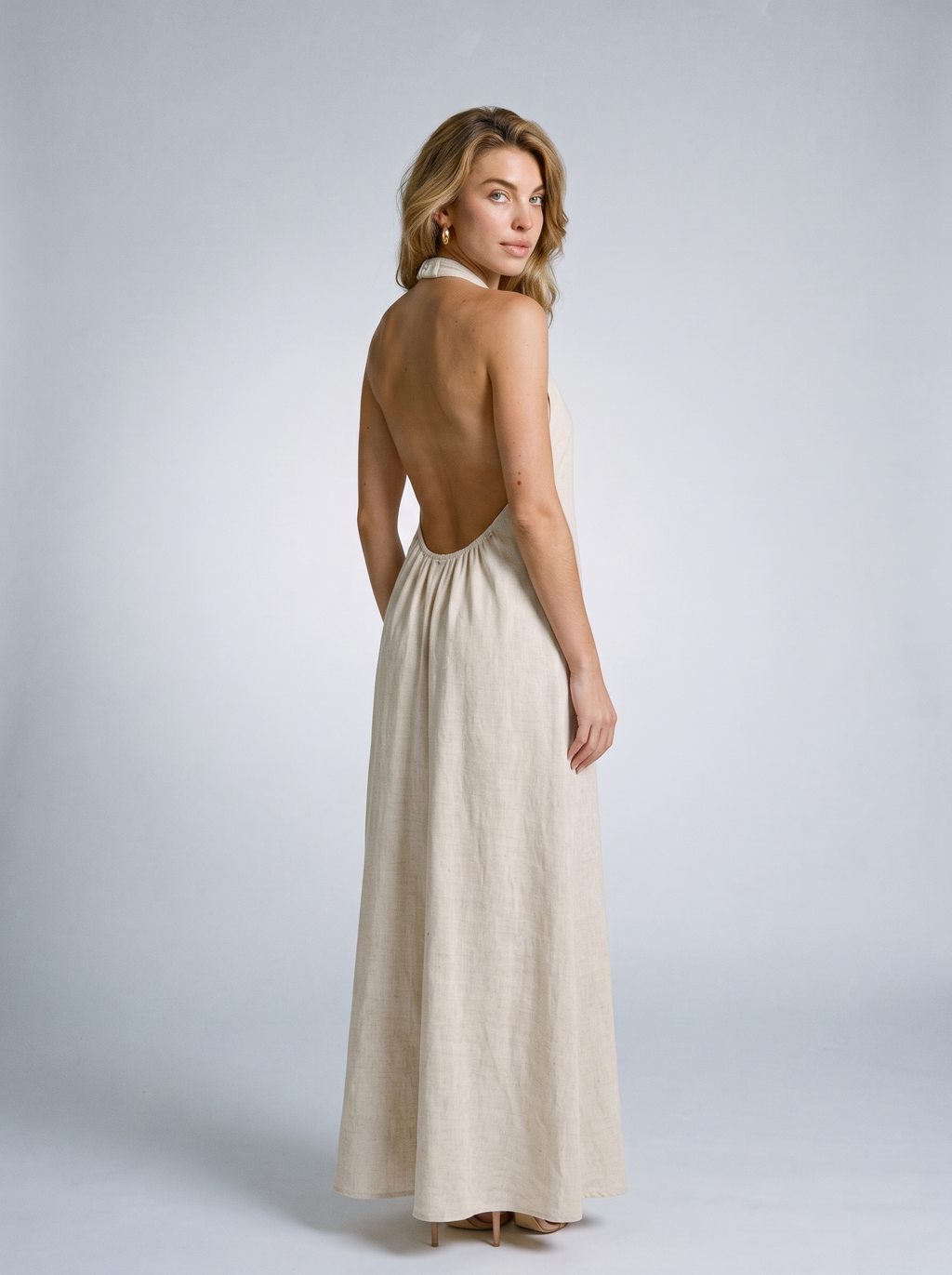Stella Halter Neck Maxi Dress, back view on model