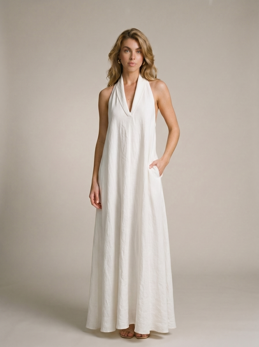 Mirella Halter Neck Maxi Dress with Pockets, front view on model