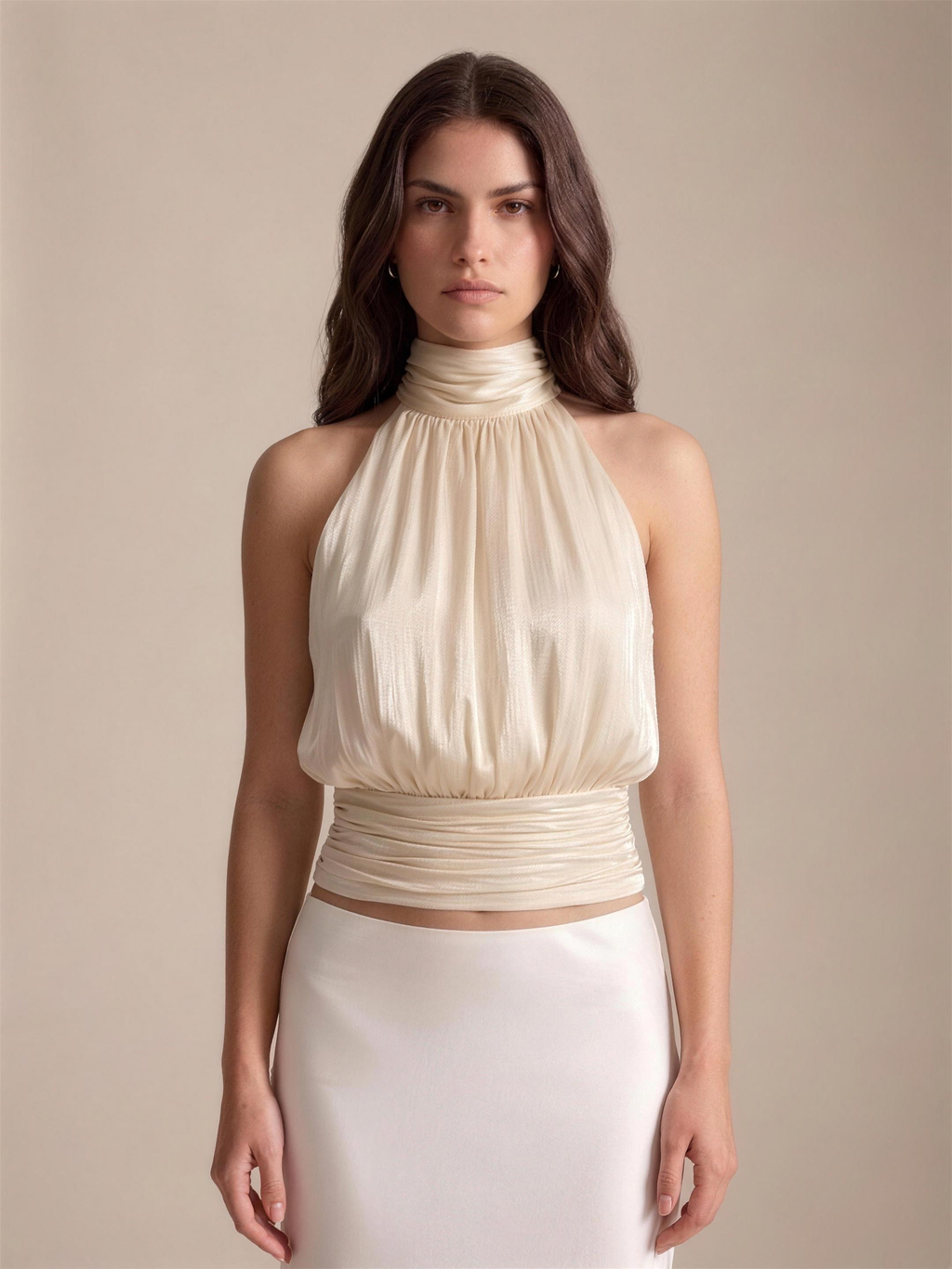 Nadia — Halter Neck Ruched Cami Top, front view, waist up