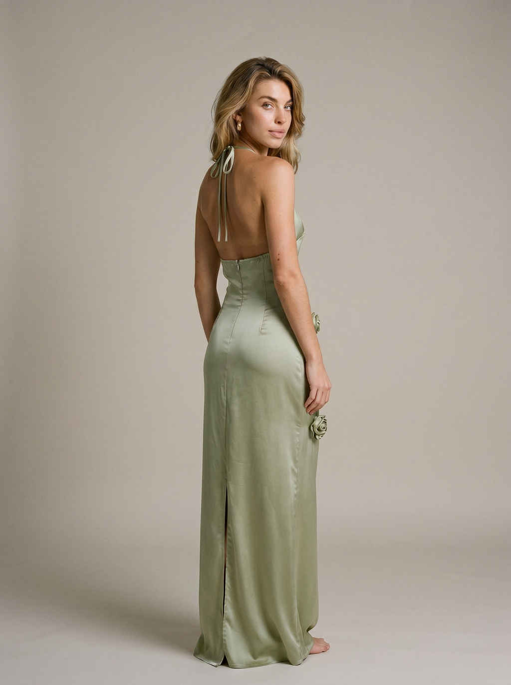 Viola — Halter Neck Slit Back Maxi Dress, back view, glancing over shoulder