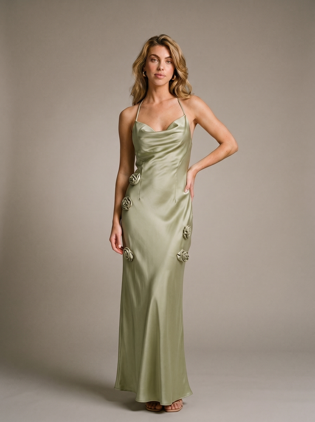 Viola — Halter Neck Slit Back Maxi Dress, front view, hand on hip