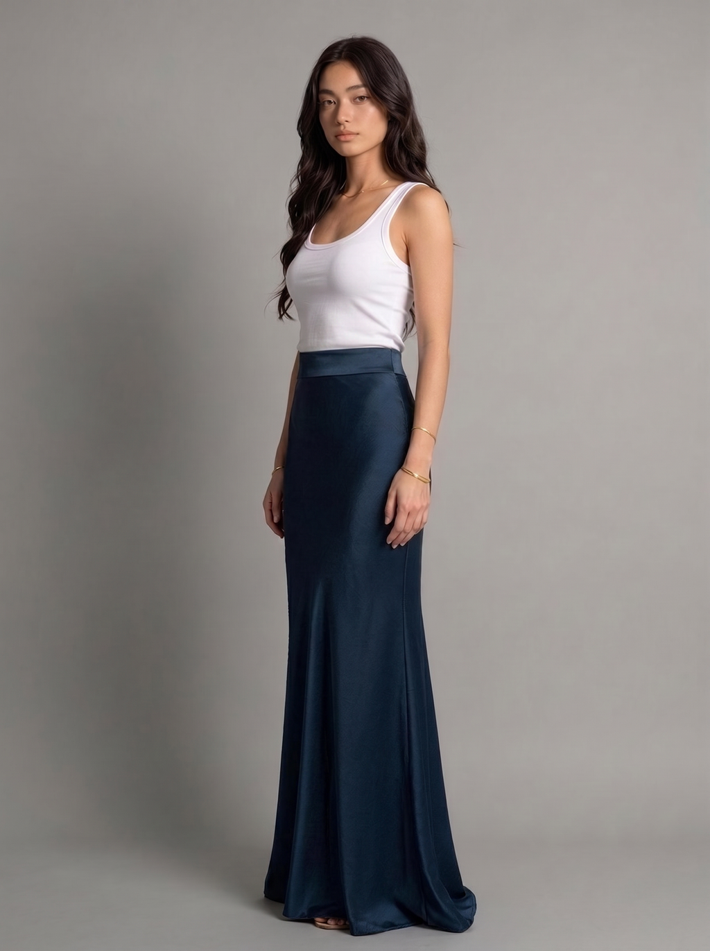 Colette — Satin High Waist Maxi Skirt, three-quarter view