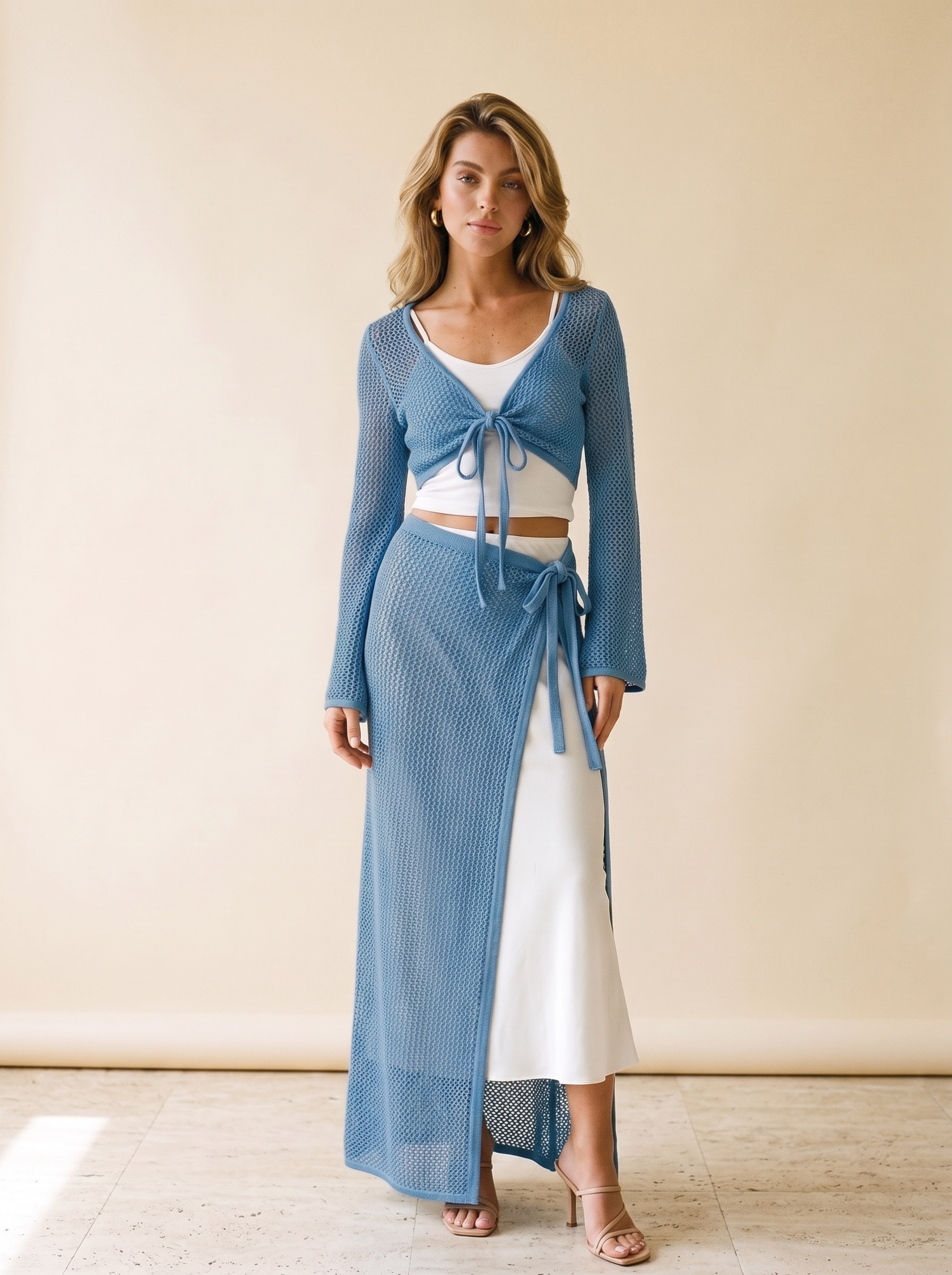 Serafina Knitted Crop Top and Slit Skirt Set, front view on model