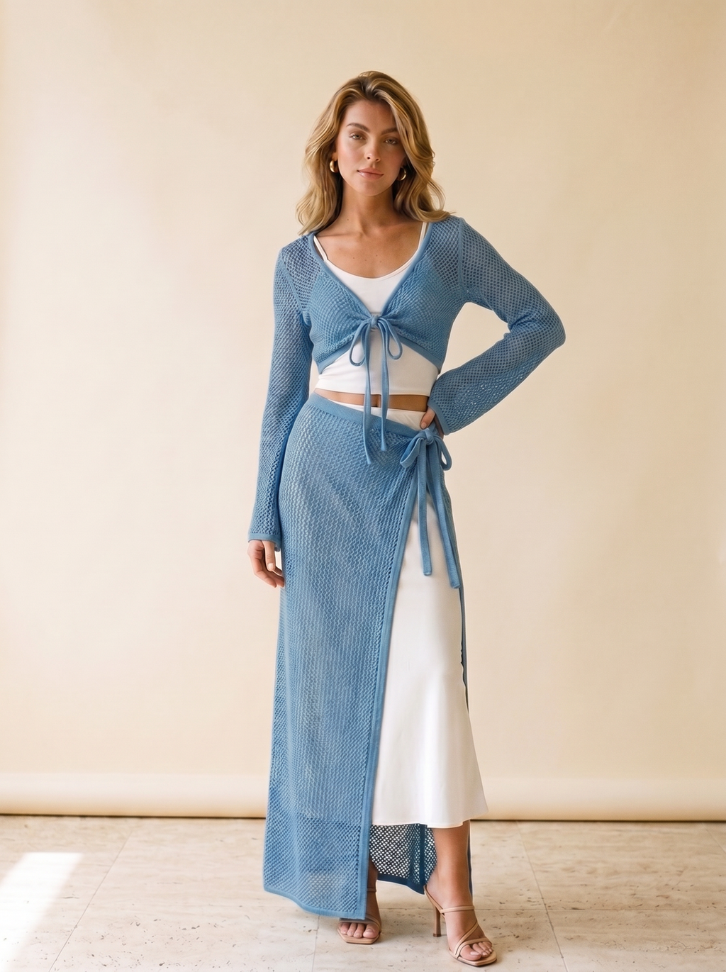 Serafina Knitted Crop Top and Slit Skirt Set, front view on model