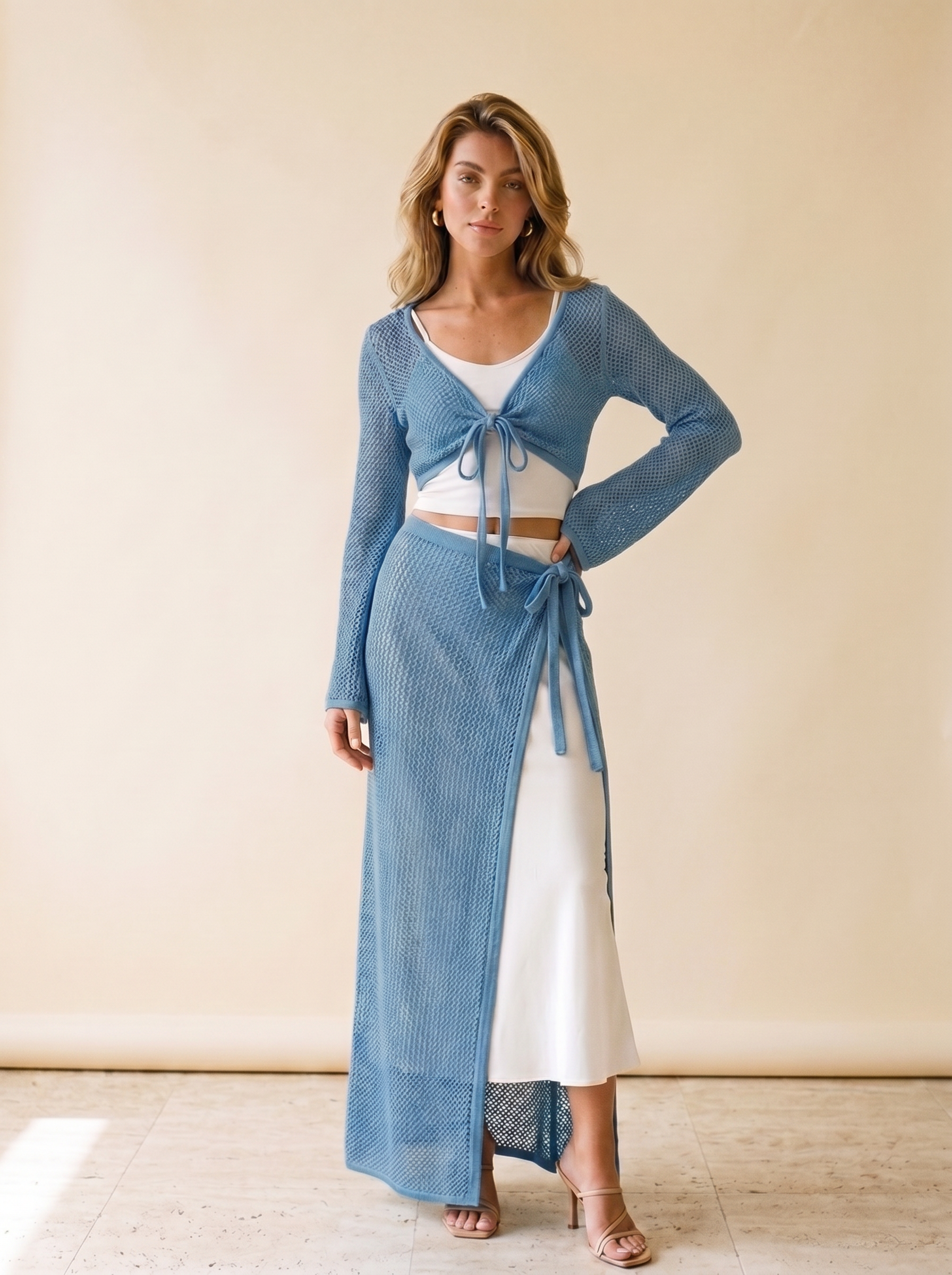 Serafina Knitted Crop Top and Slit Skirt Set, front view on model