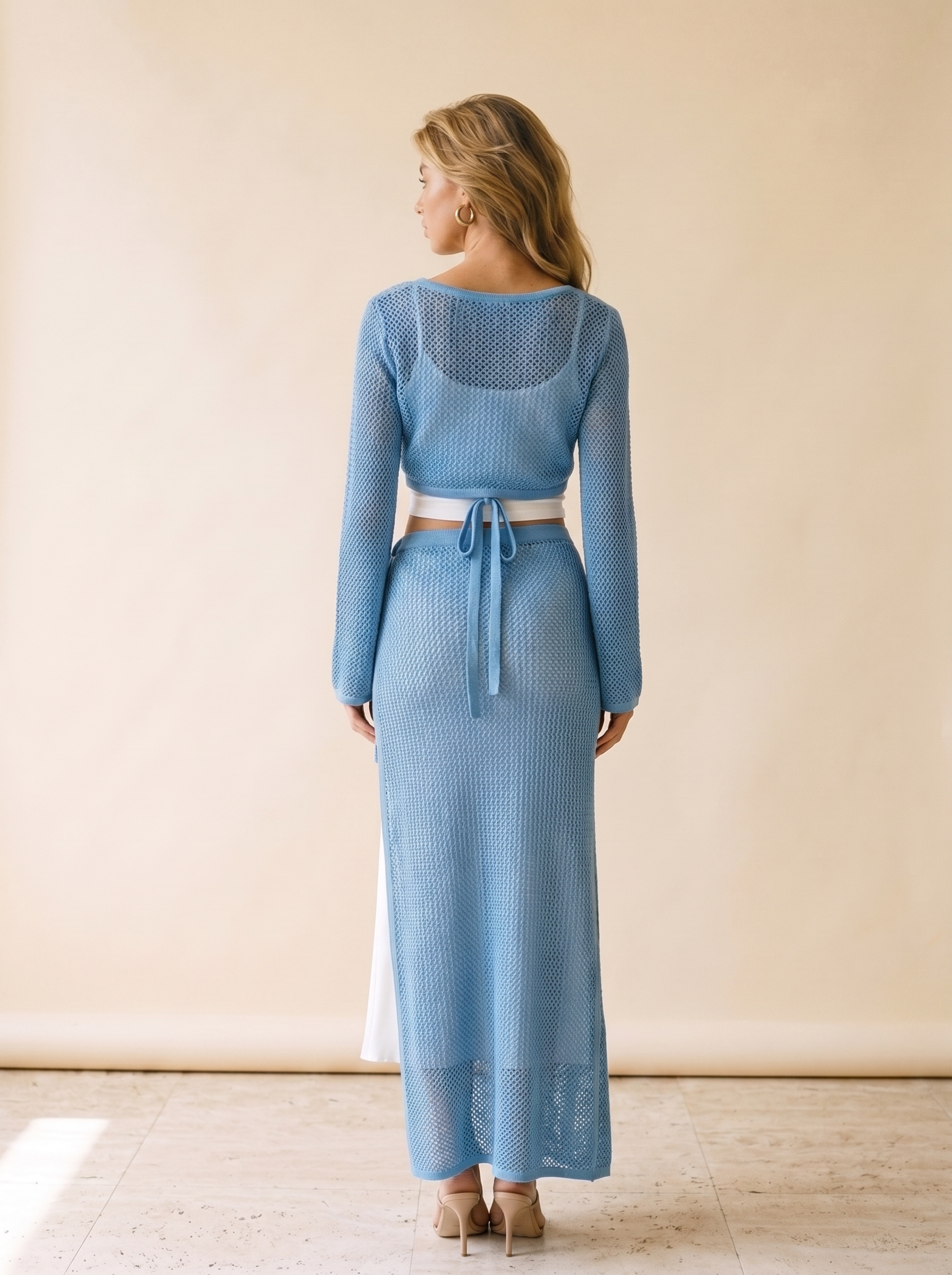 Serafina Knitted Crop Top and Slit Skirt Set, back view on model