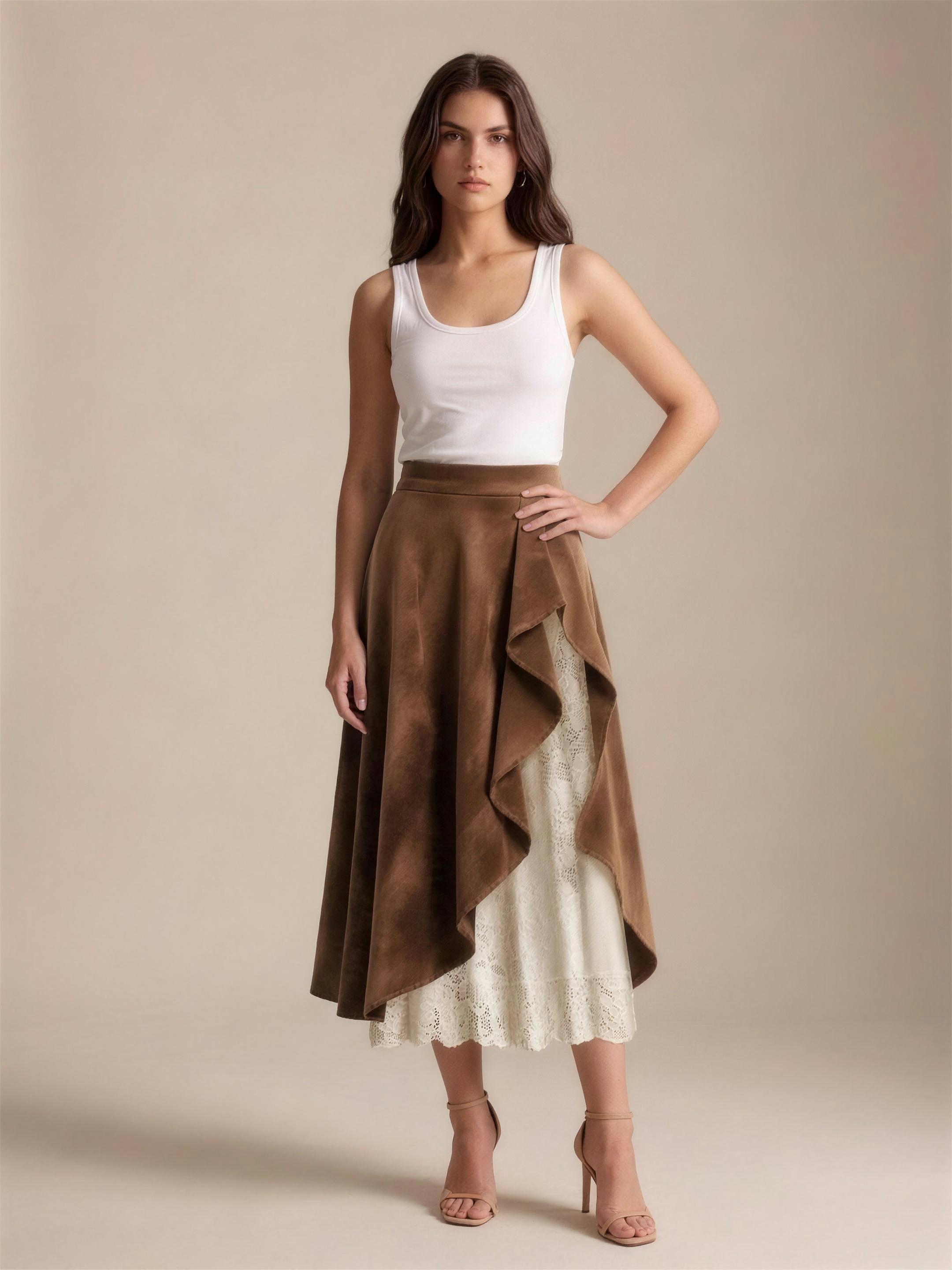 Livia — Lace Ruffled Midi Skirt, front view, hand on hip
