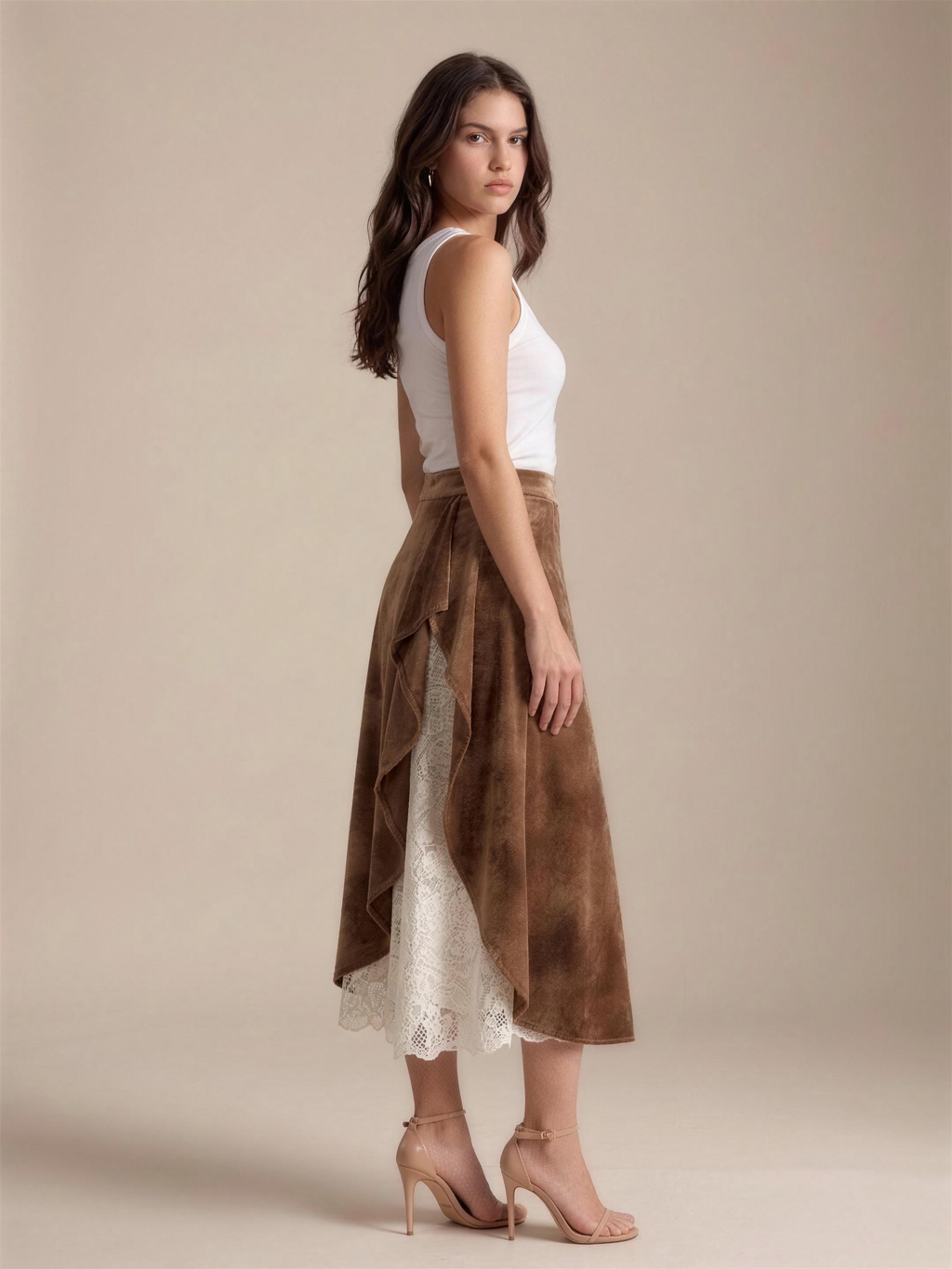 Livia — Lace Ruffled Midi Skirt, three-quarter view