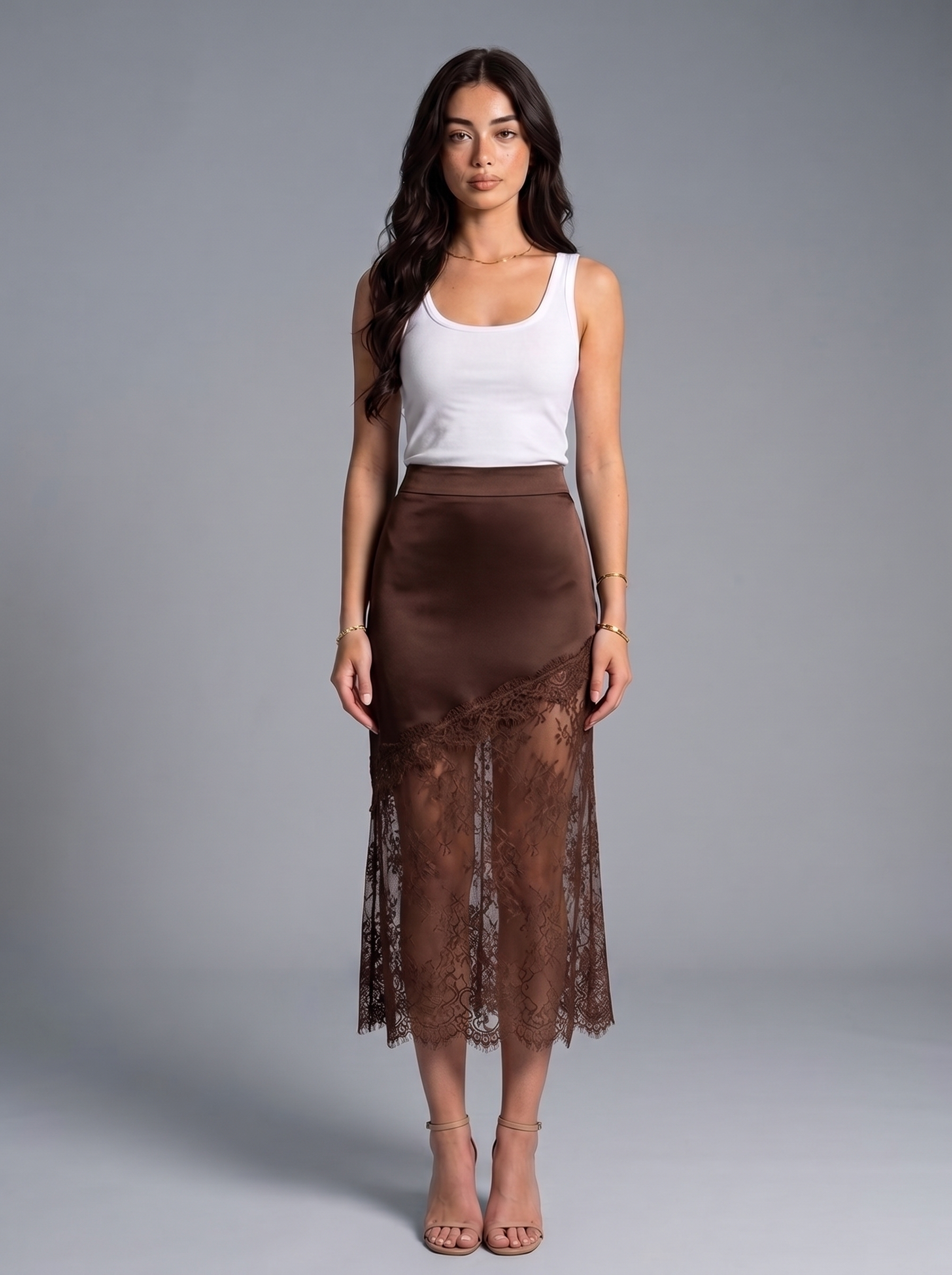 Chiara — Lace Trim Satin Midi Skirt, front view