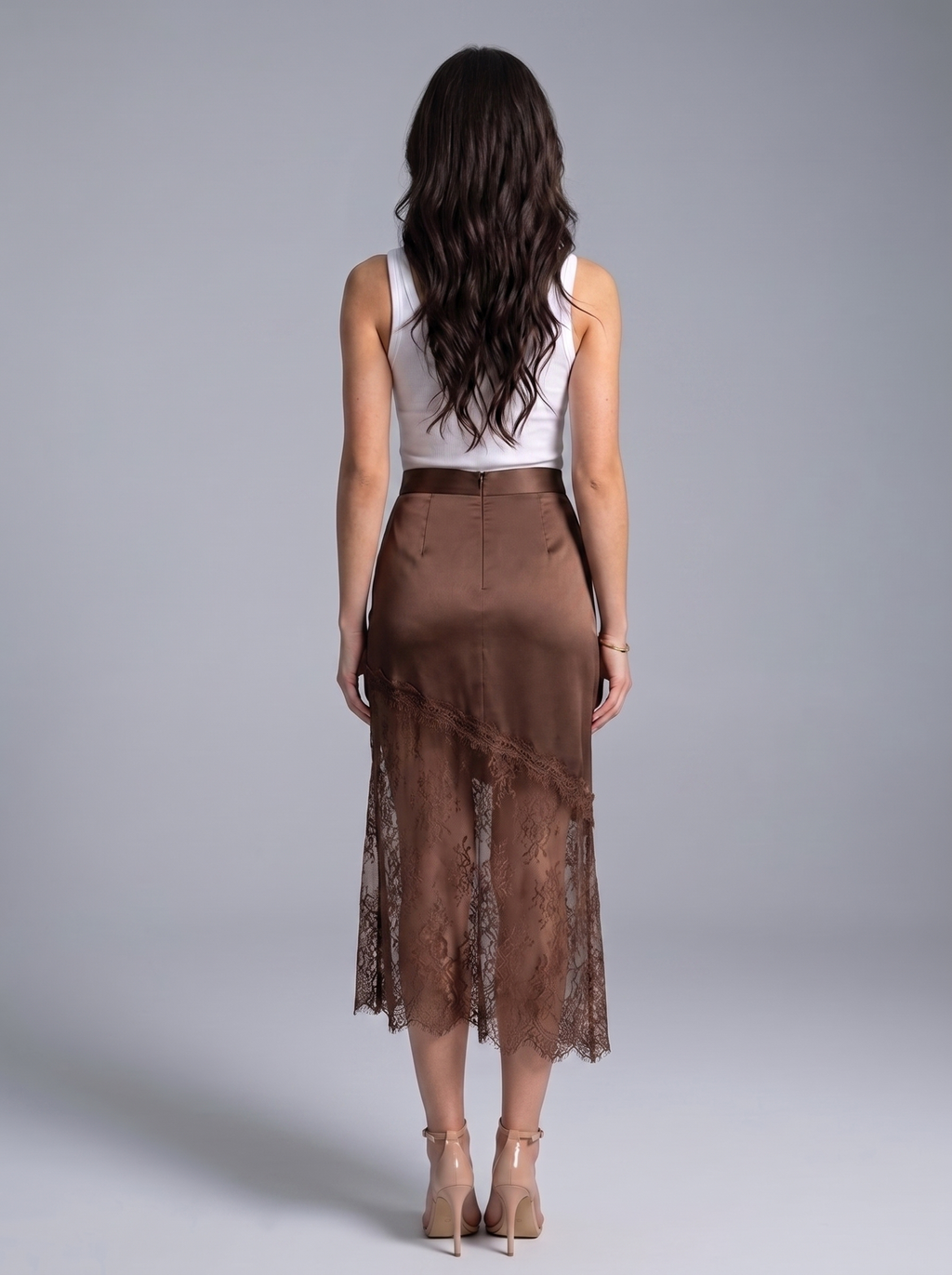 Chiara — Lace Trim Satin Midi Skirt, back view