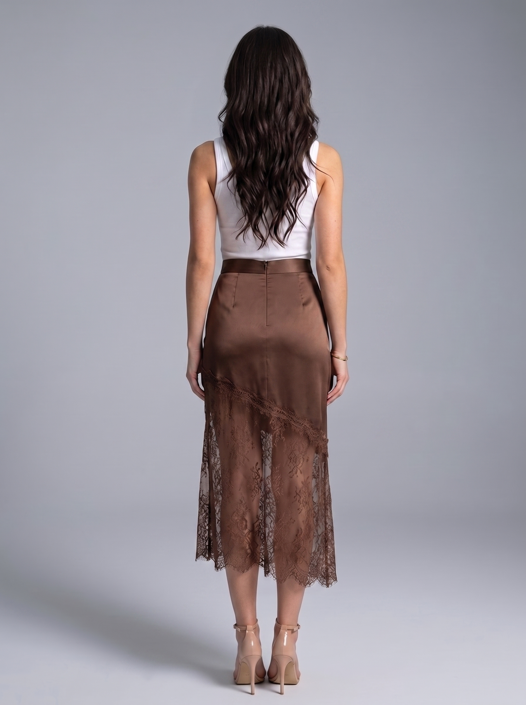 Chiara — Lace Trim Satin Midi Skirt, back view