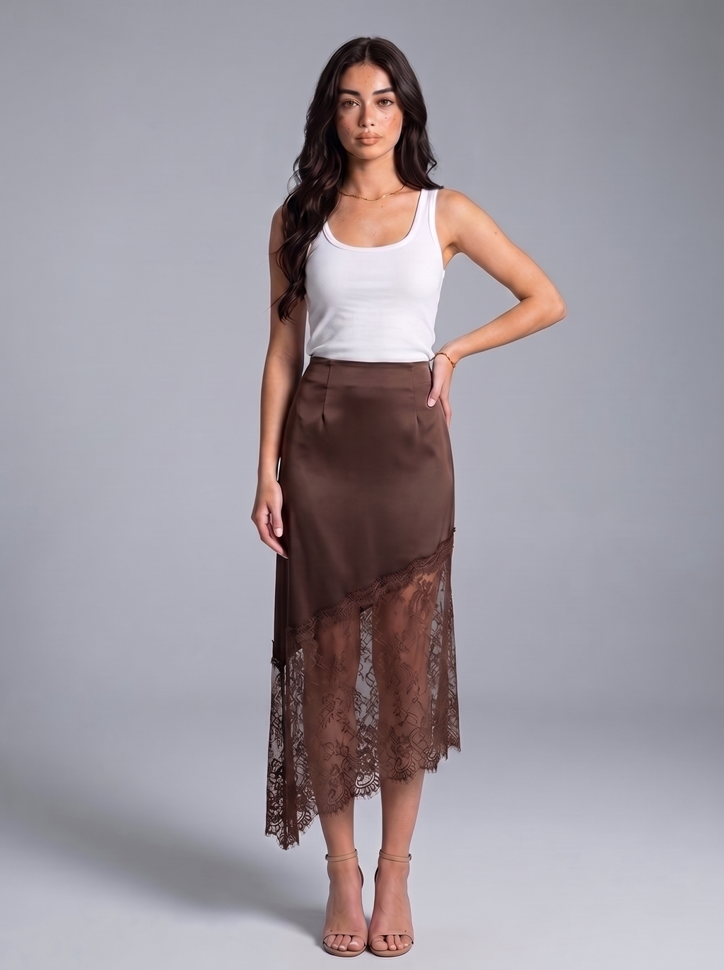 Chiara — Lace Trim Satin Midi Skirt, front view, hand on hip