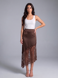 Chiara — Lace Trim Satin Midi Skirt, front view, hand on hip