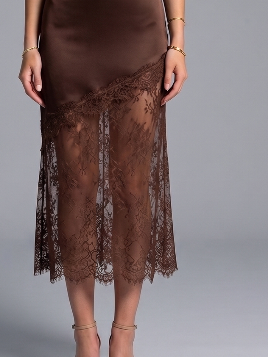 Chiara — Lace Trim Satin Midi Skirt, fabric detail