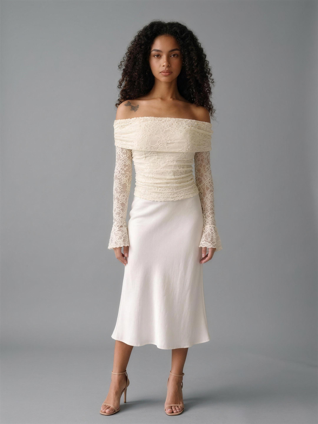 Luna — Off Shoulder Long Sleeve Lace Top, front view