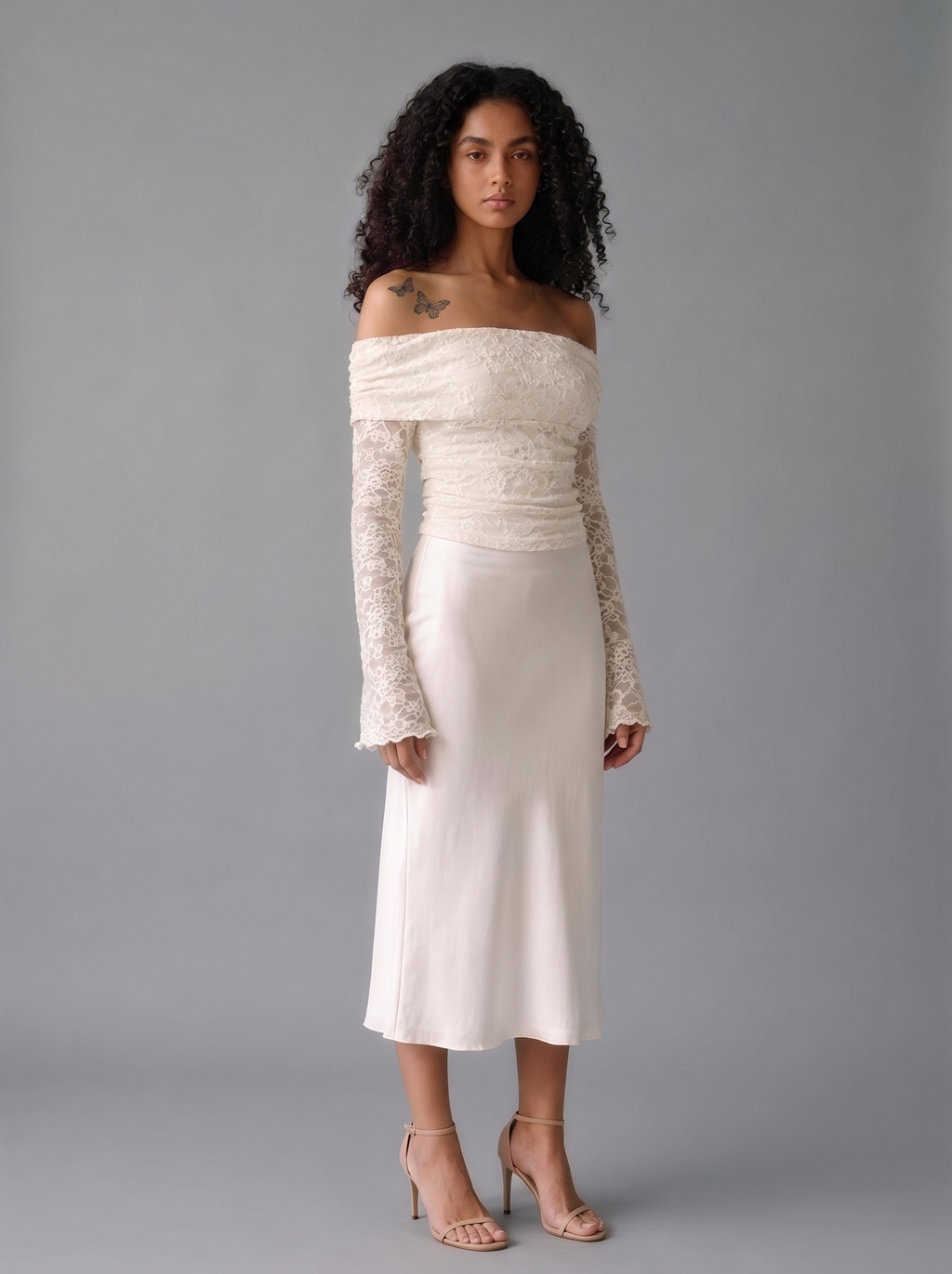 Luna — Off Shoulder Long Sleeve Lace Top, three-quarter view