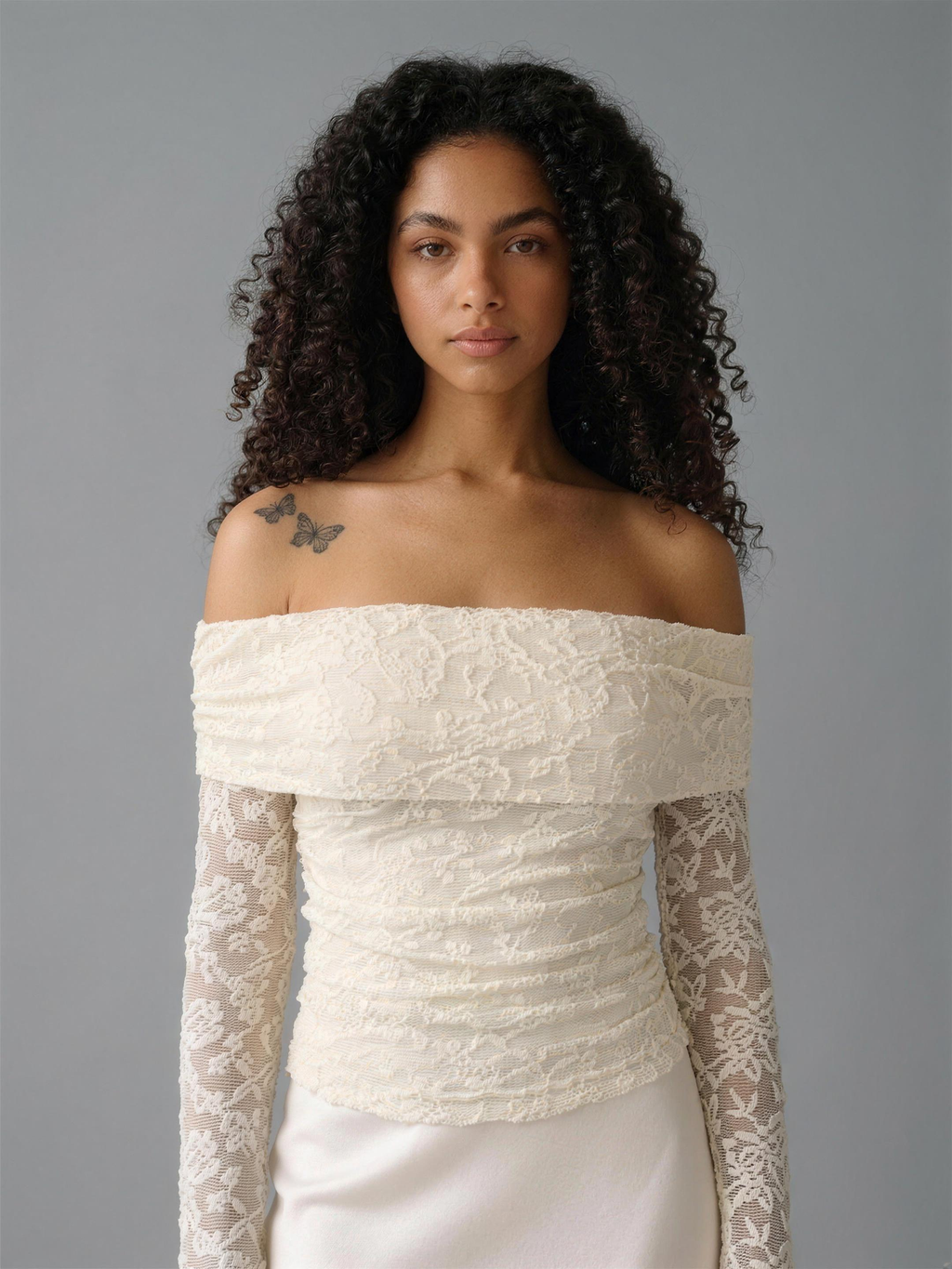 Luna — Off Shoulder Long Sleeve Lace Top, front view, waist up