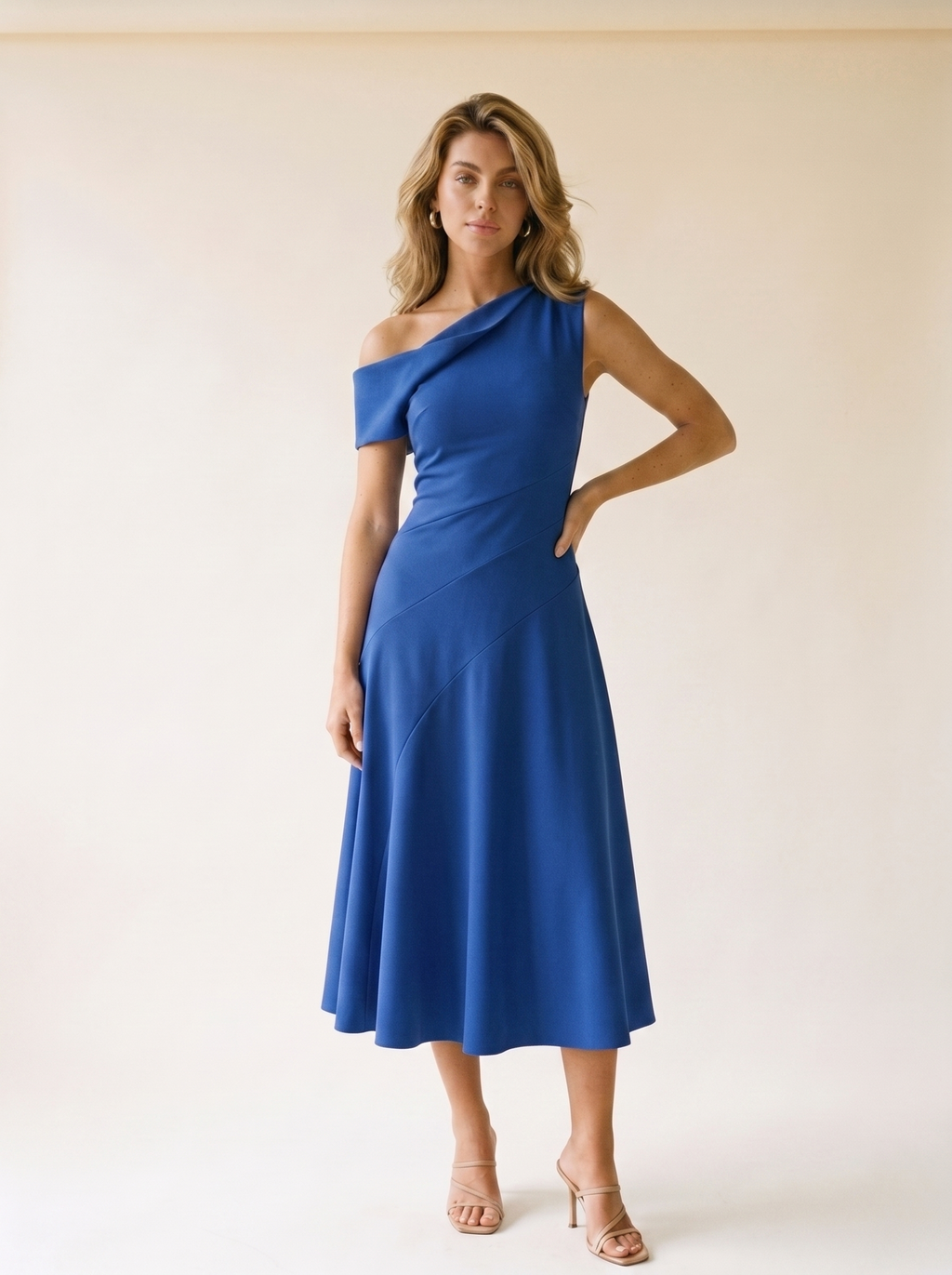 Noto — One-Shoulder Midi Dress, front view, hand on hip