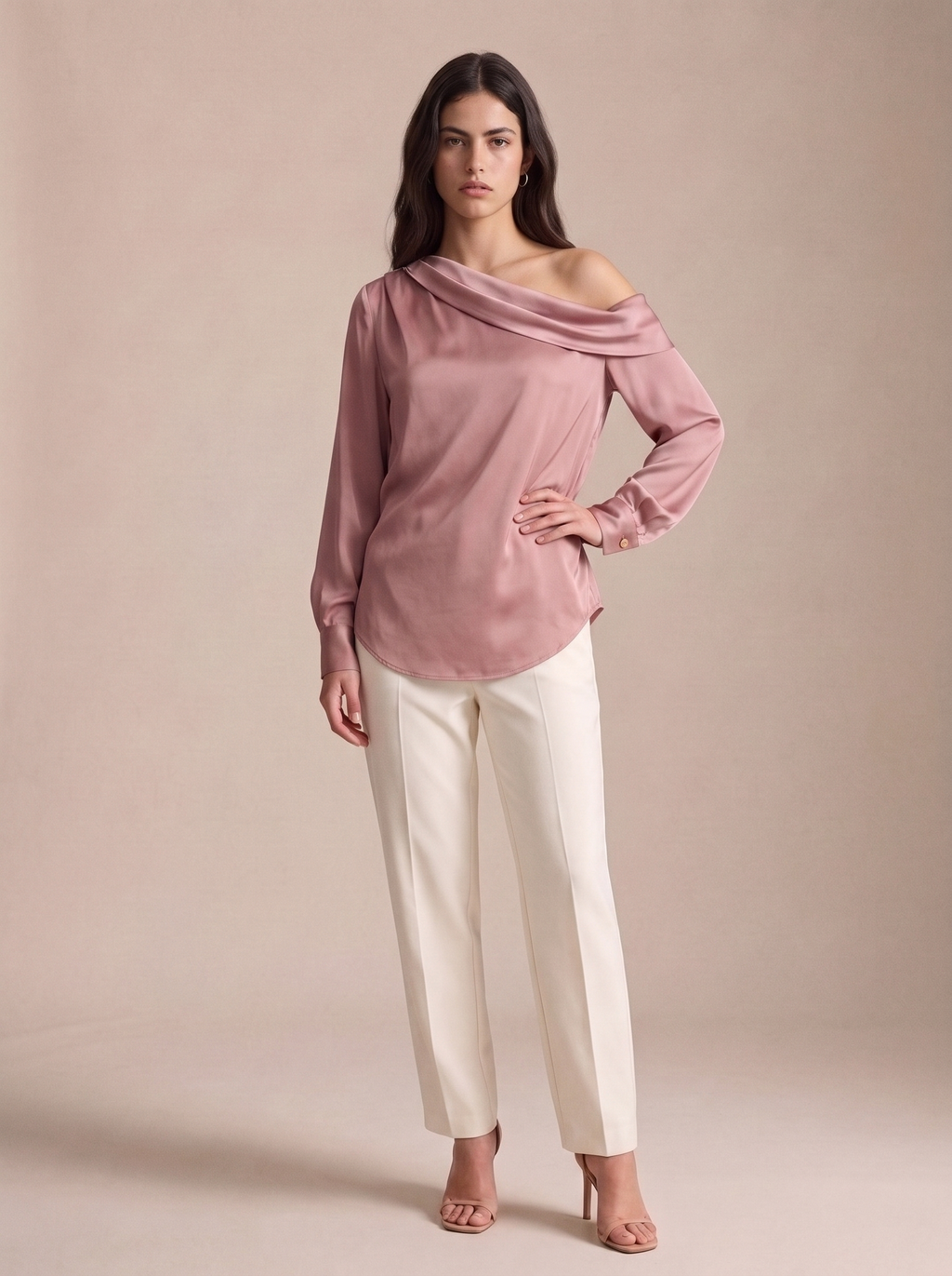 Vera — One-Shoulder Satin Blouse, front view, hand on hip