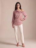 Vera — One-Shoulder Satin Blouse, front view, hand on hip