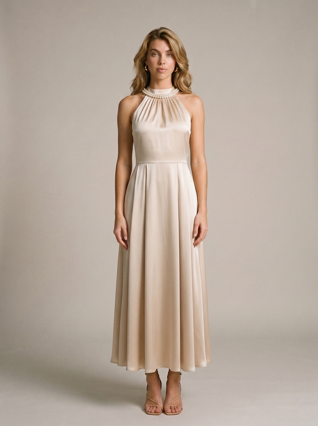 Perla — Pearl Halter Satin Midi Dress, front view