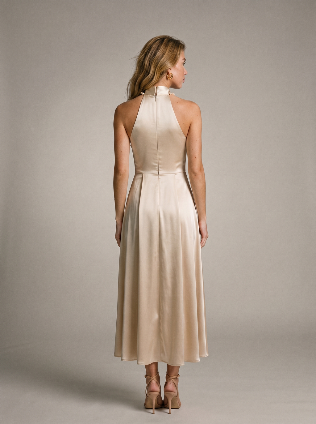 Perla — Pearl Halter Satin Midi Dress, back view