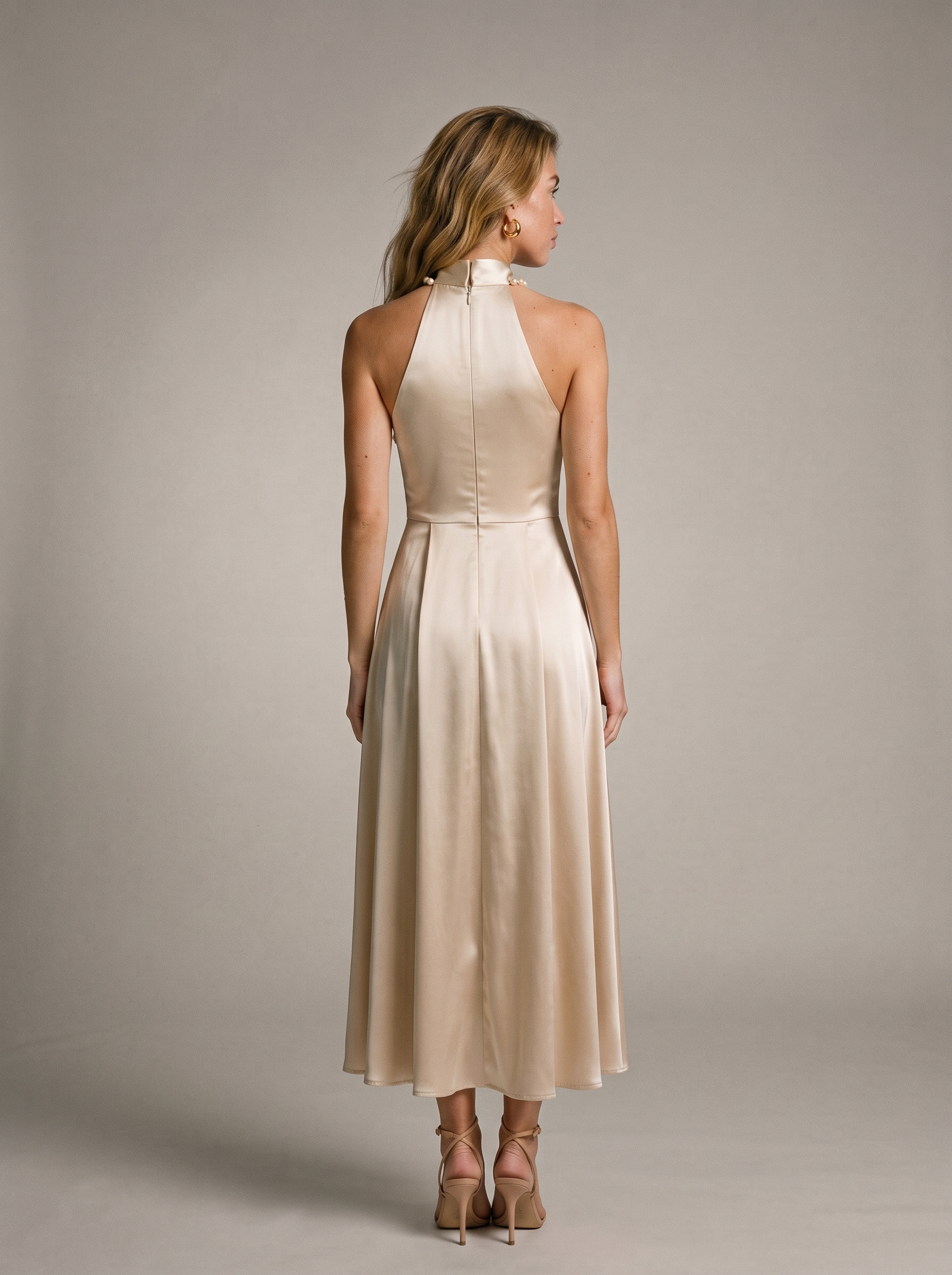 Perla — Pearl Halter Satin Midi Dress