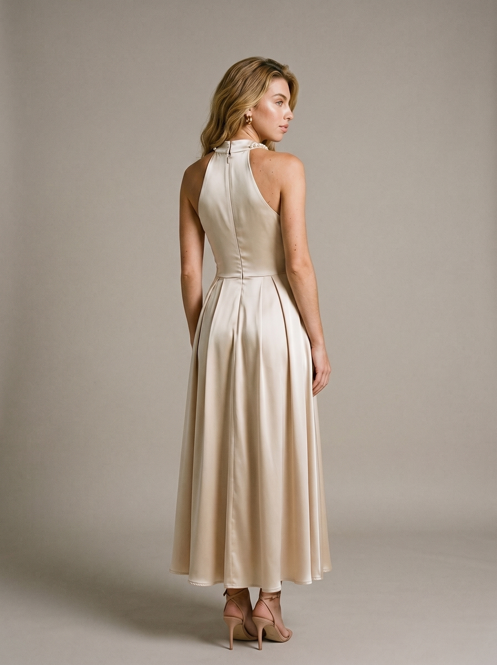 Perla — Pearl Halter Satin Midi Dress, back view, glancing over shoulder