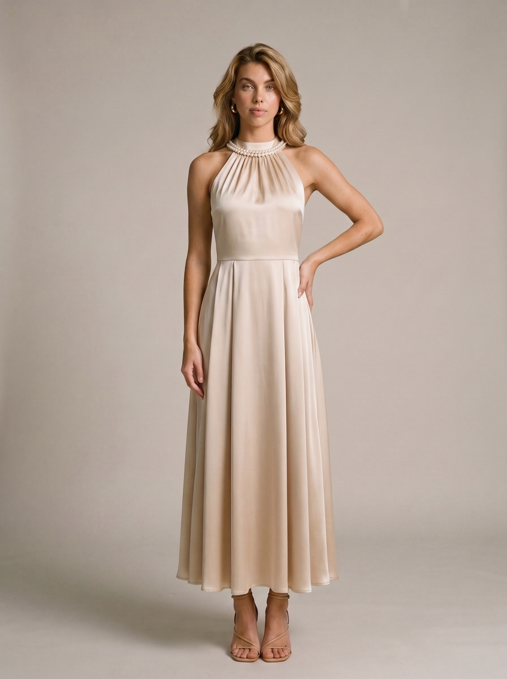 Perla — Pearl Halter Satin Midi Dress, front view, hand on hip