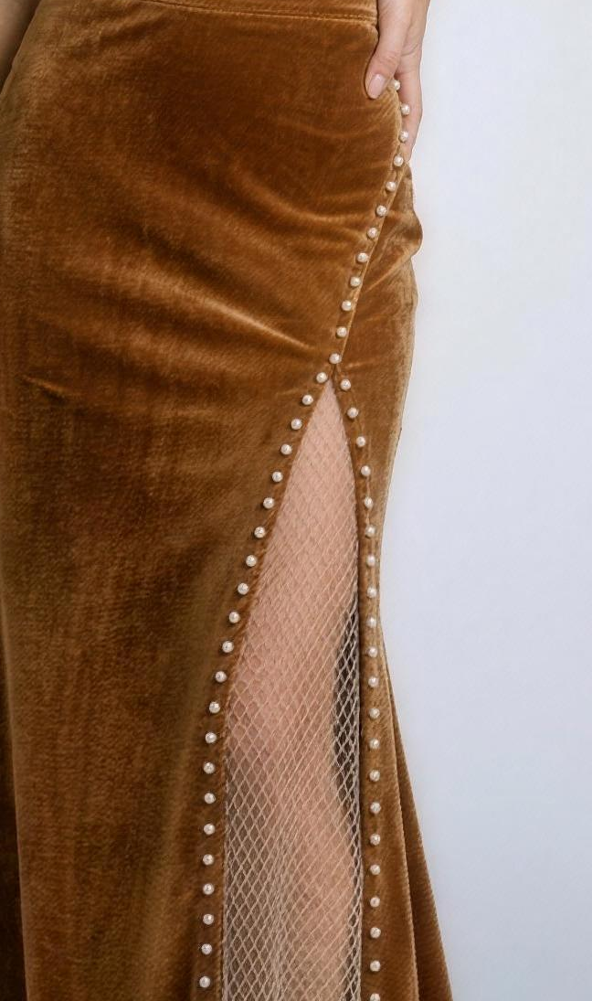 Giulia Pearl Trim Slit Maxi Skirt, fabric detail close-up