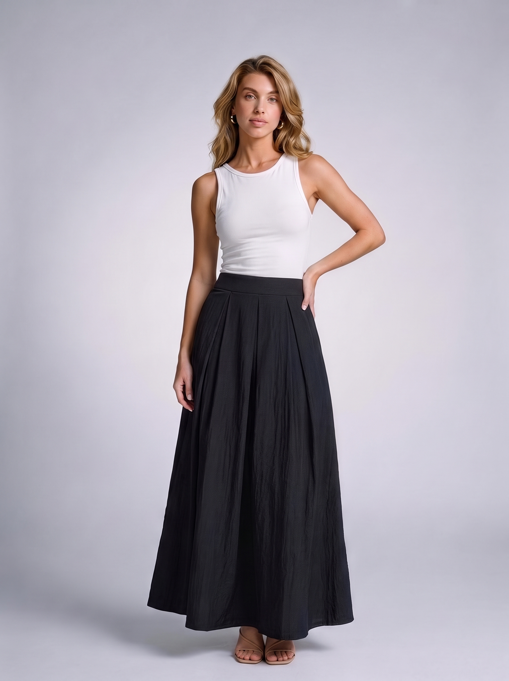 Levanto Pleated Maxi Skirt, front view on model