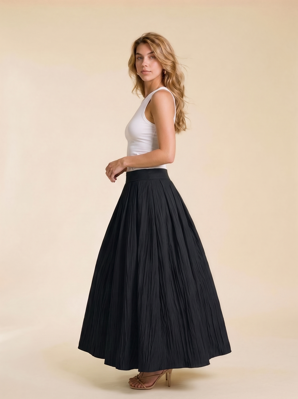 Levanto Pleated Maxi Skirt, side view on model