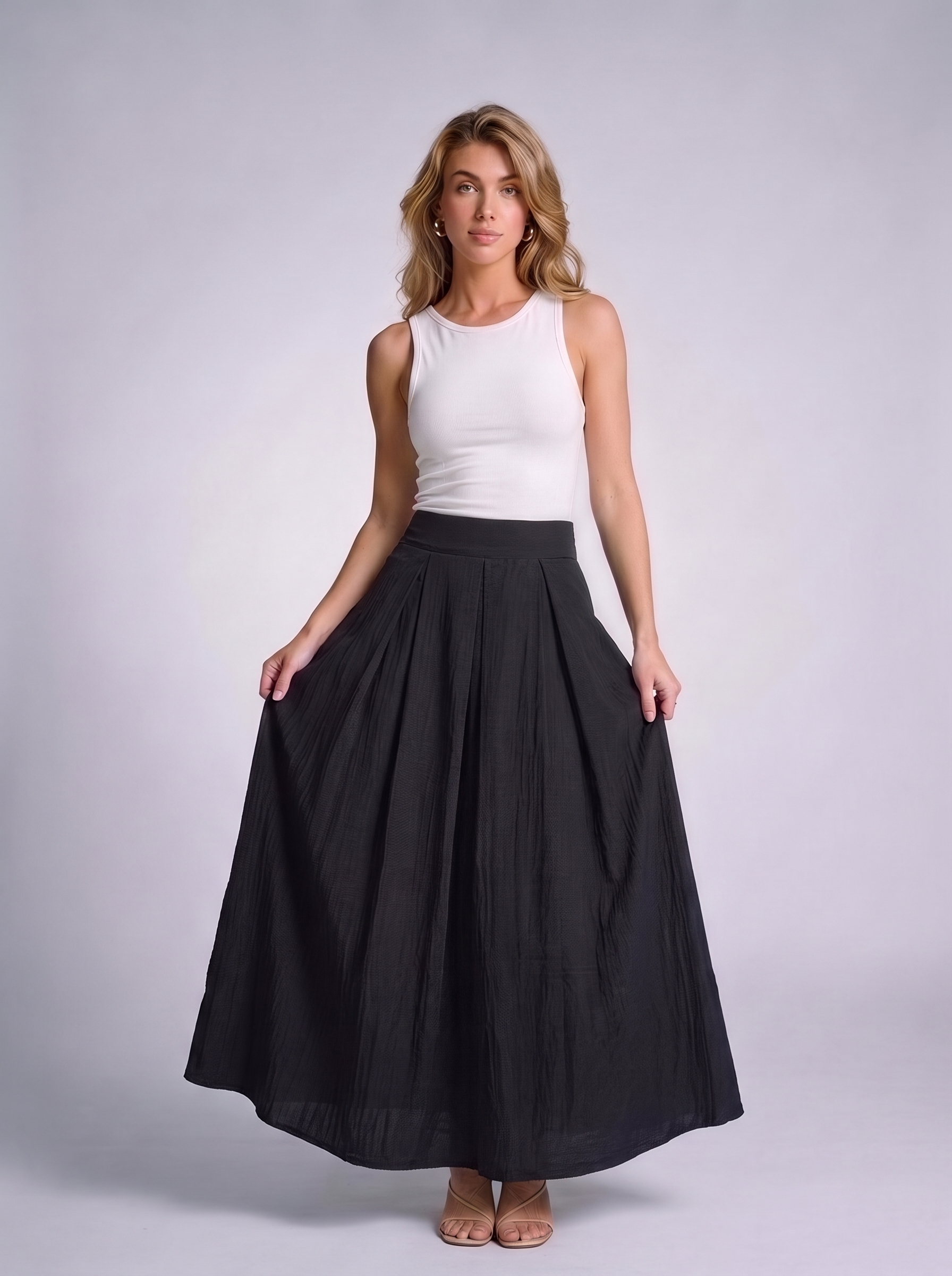 Levanto Pleated Maxi Skirt, front view on model