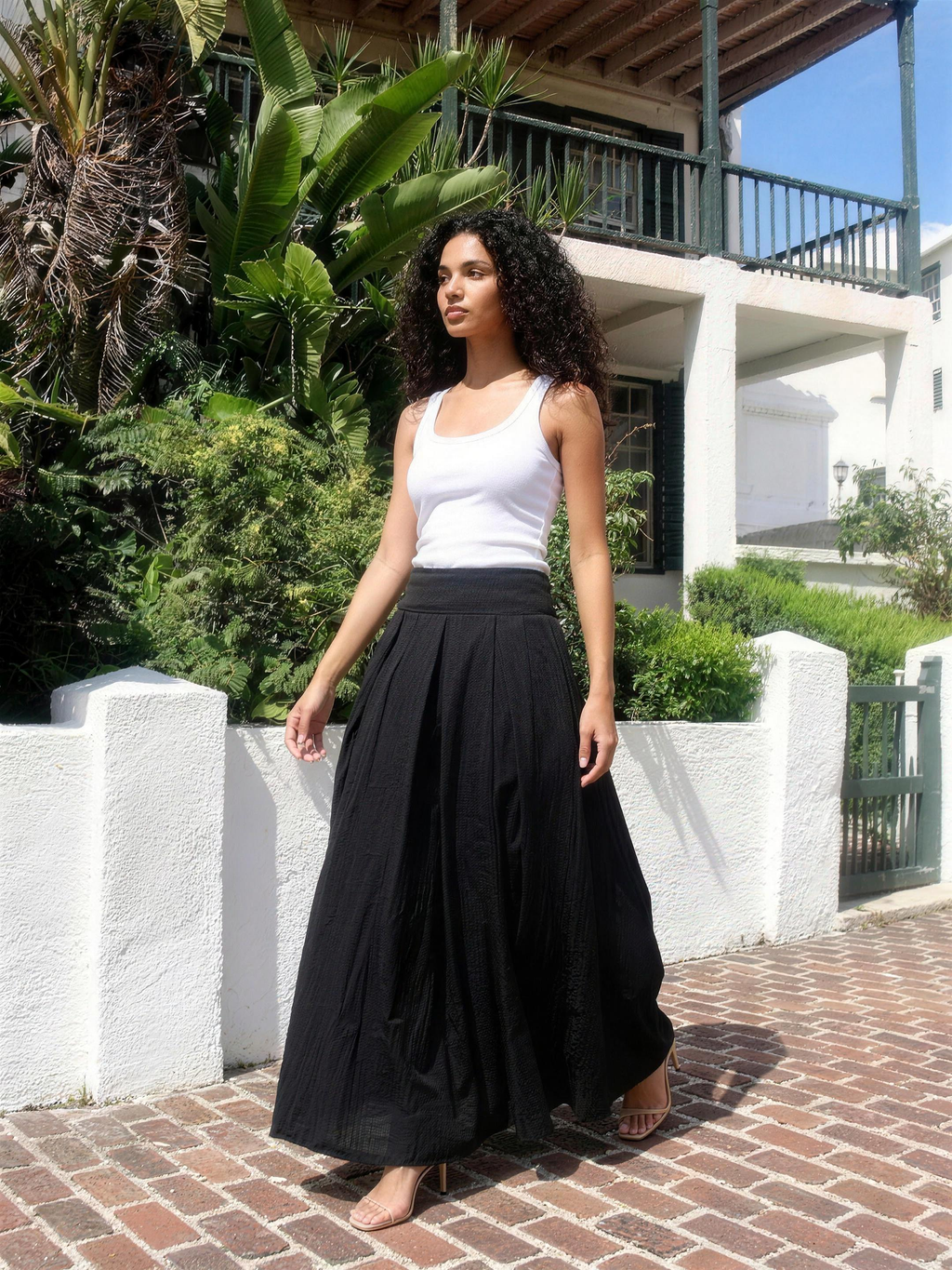 Levanto Pleated Maxi Skirt, styled lifestyle look