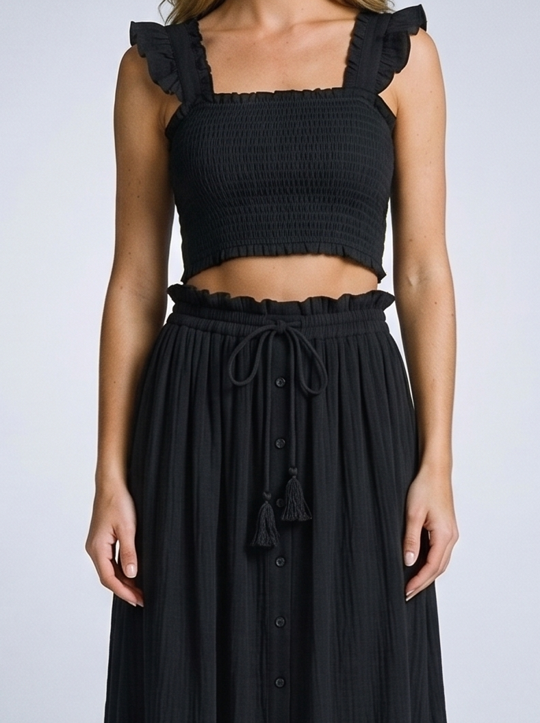 Rapallo SO ME Smocked Top and Flowy Maxi Skirt Set, fabric detail close-up