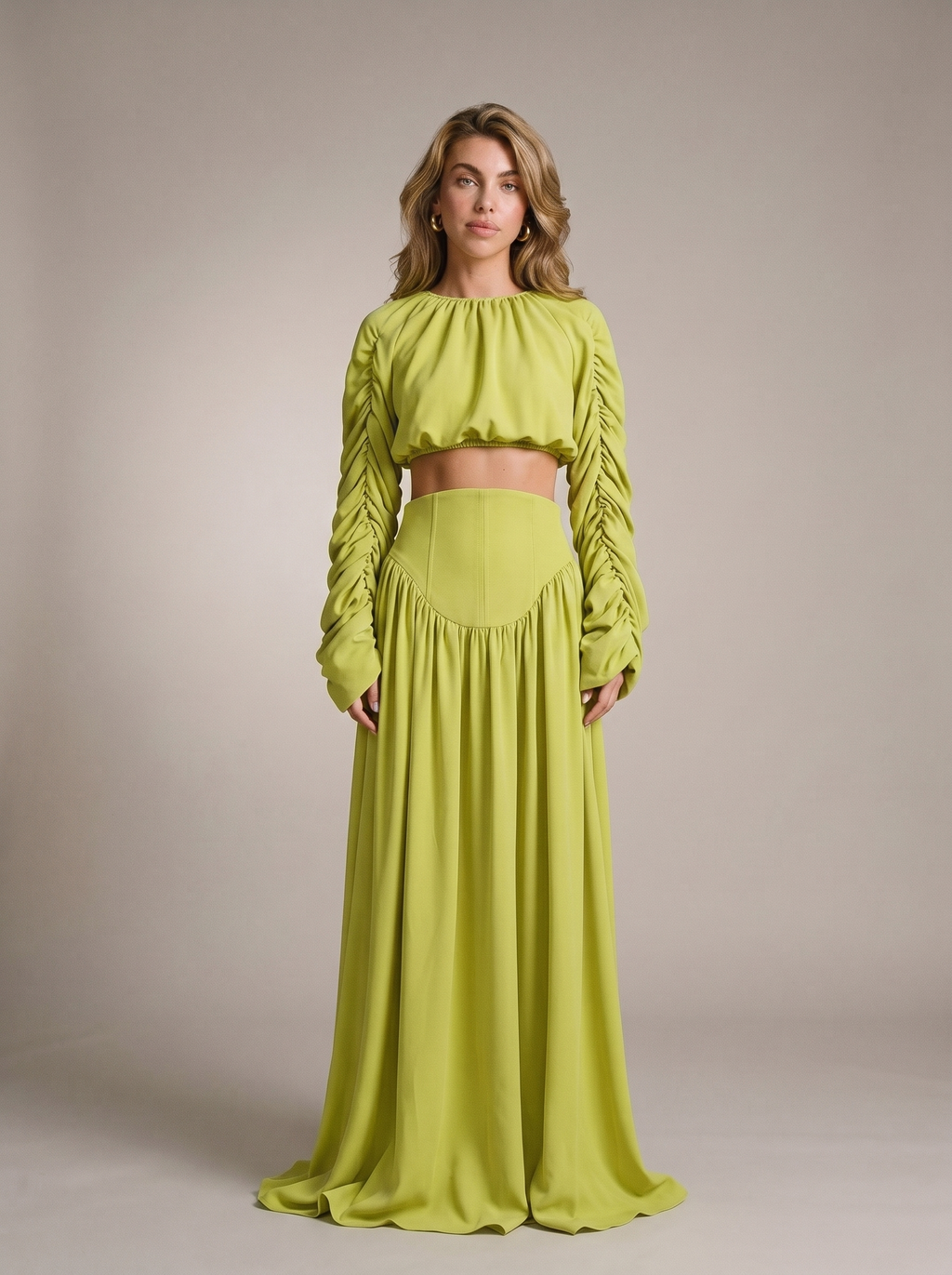 Delphine Ruched Long Sleeve Top and High Waist Skirt Set, front view on model